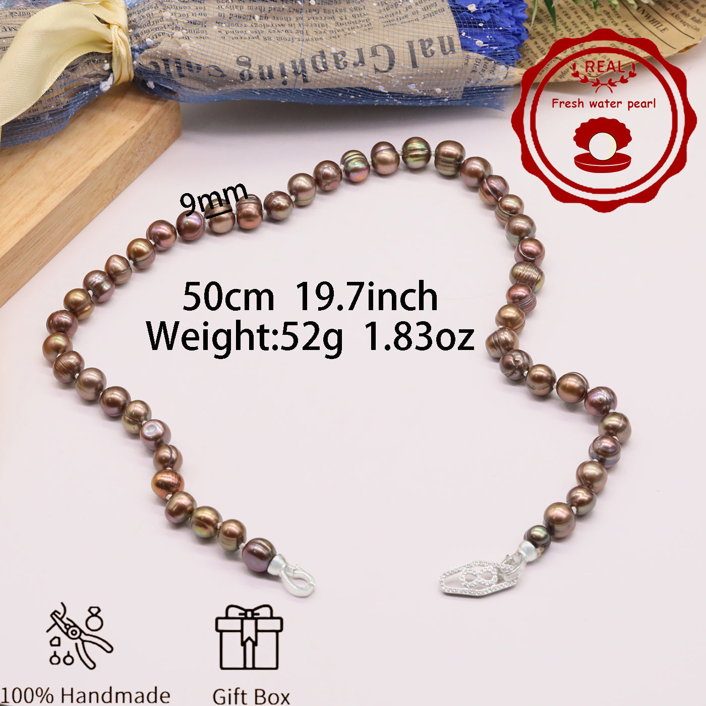 Luxurious 19.7inch long brown colored natural Freshwater Pearl with silver plated diamond button 100% handmade stylish 9mm natural freshwater pearl necklace with gift box perfect for everyday【XL-2411GOLDen-001】