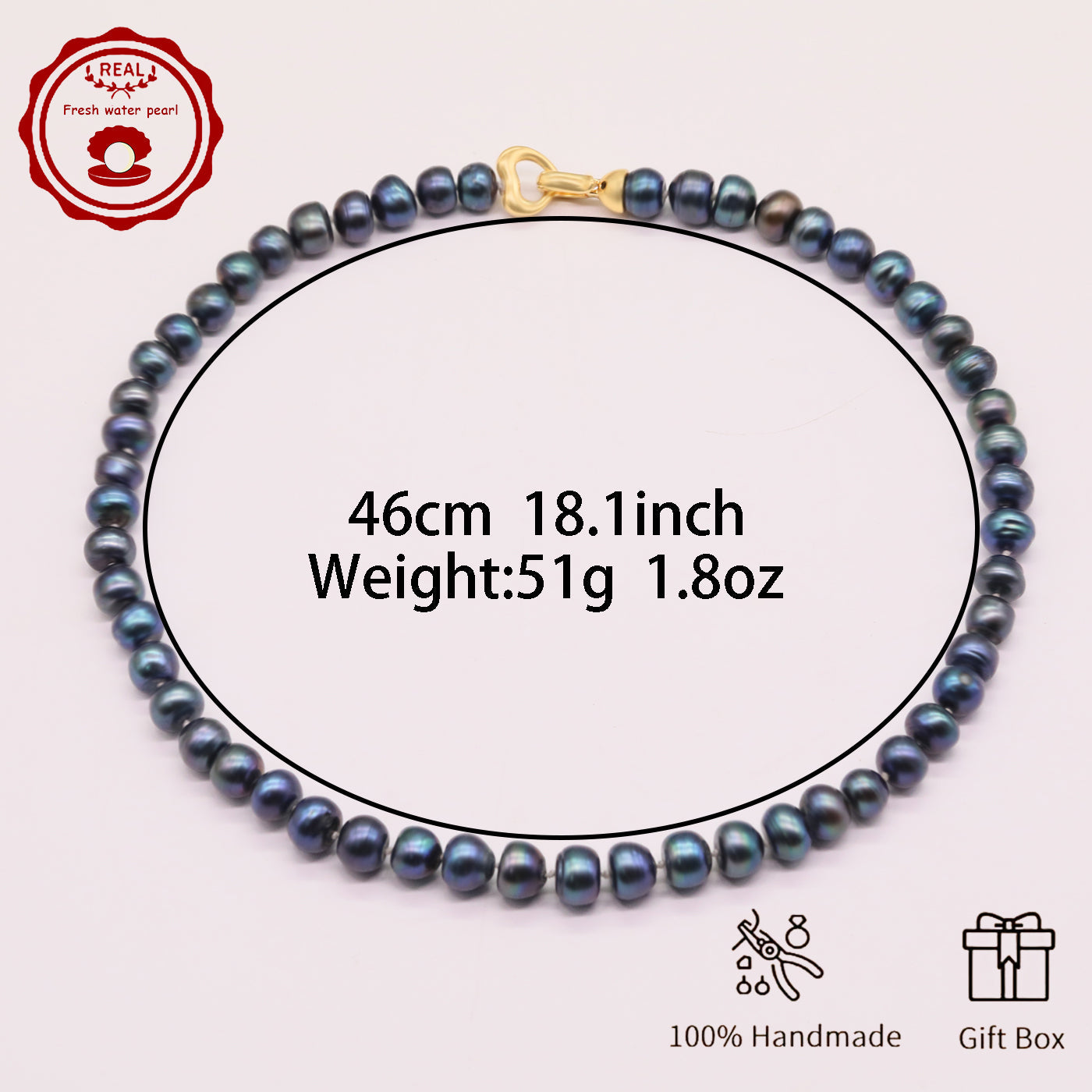 Elegant 18.1-inch Handmade Necklace with Dark Green Natural Pearls, Golden Plated Clasp, Luxurious & Stylish Design, Ideal for Daily Wear & Gifting on Special Occasions like Christmas & Valentine'S Day, Includes Gift Box