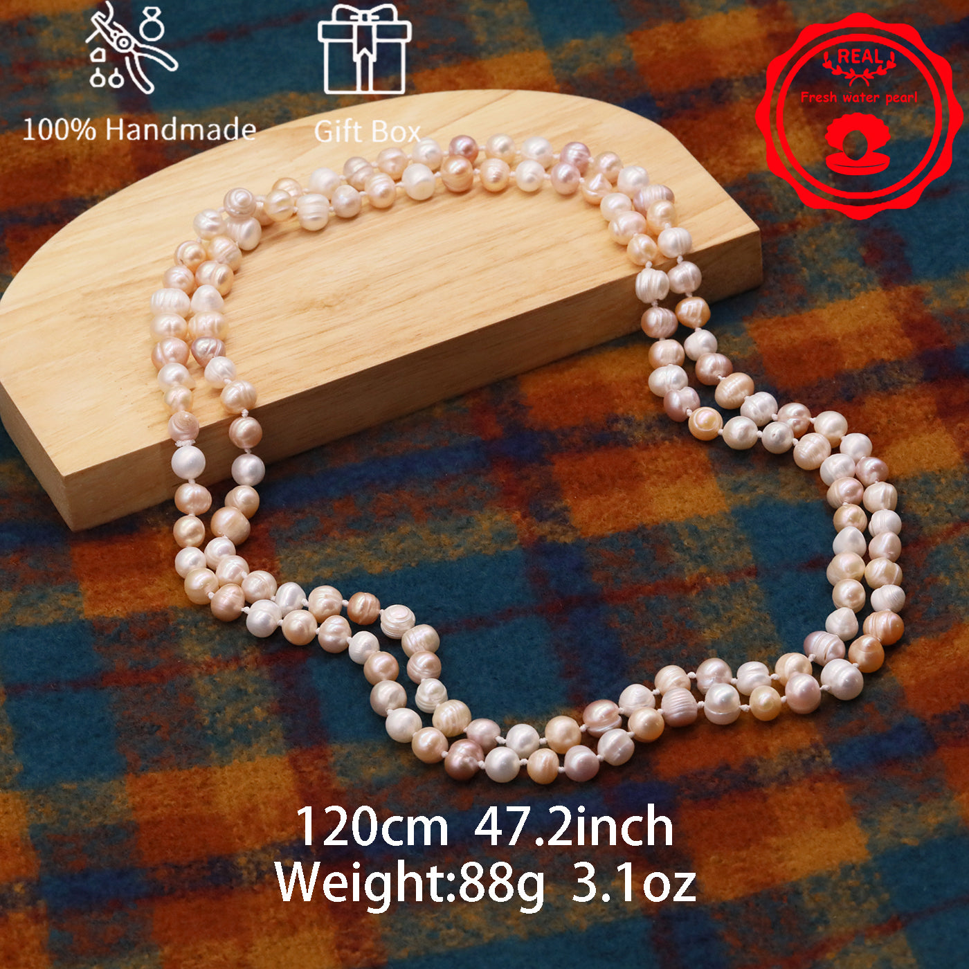 An elegant 47.2inch long pink and white 7-8mm freshwater pearl long necklace Luxury freshwater pearl sweater chain with gift box, perfect for everyday, birthday parties and anniversaries, great gifts for Christmas, Valentine's Day and Thanksgiving