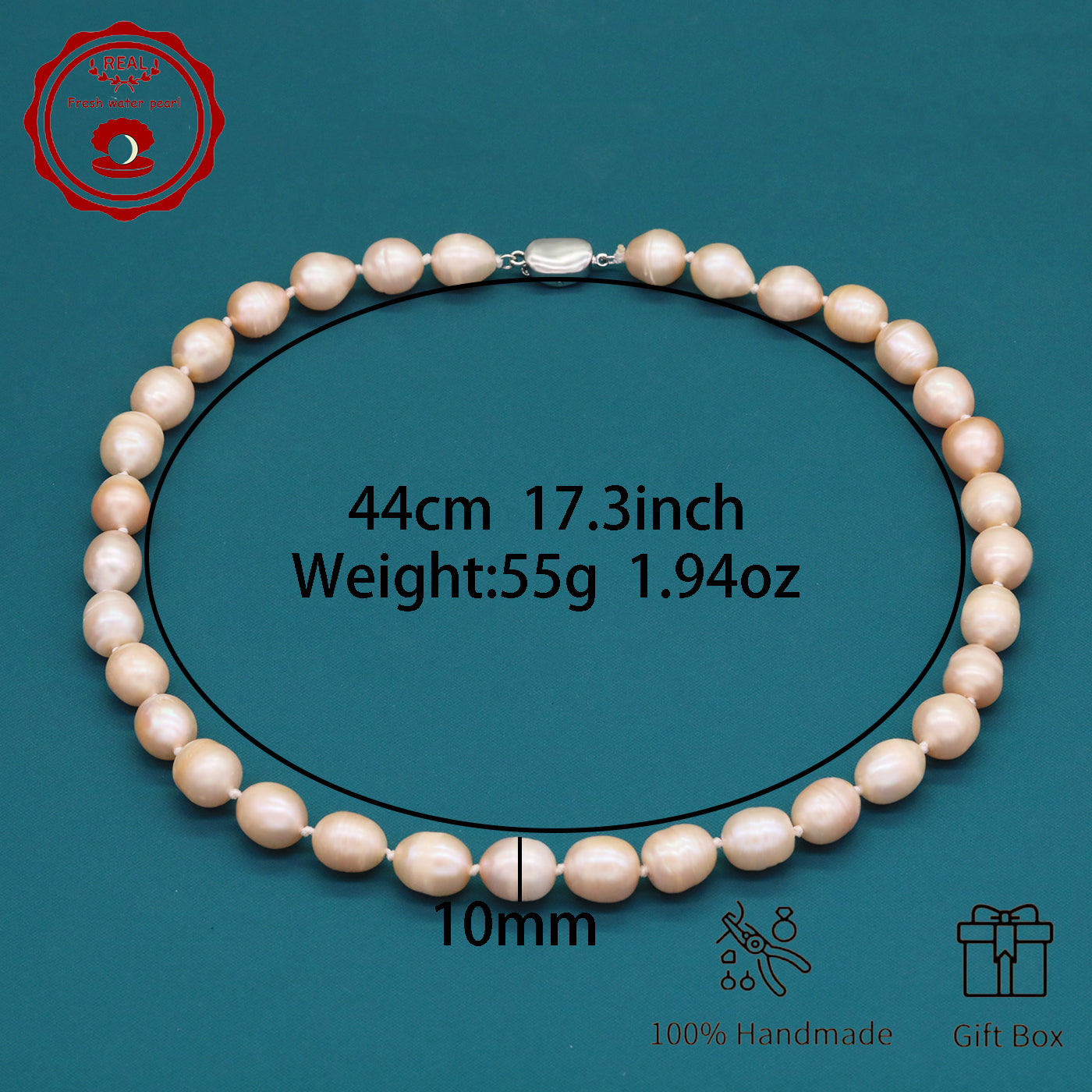 Elegant 16.5" Pink Freshwater Pearl Necklace - Handcrafted, 10mm Beads with Gift Box - Perfect for Casual Attire & Special Occasions