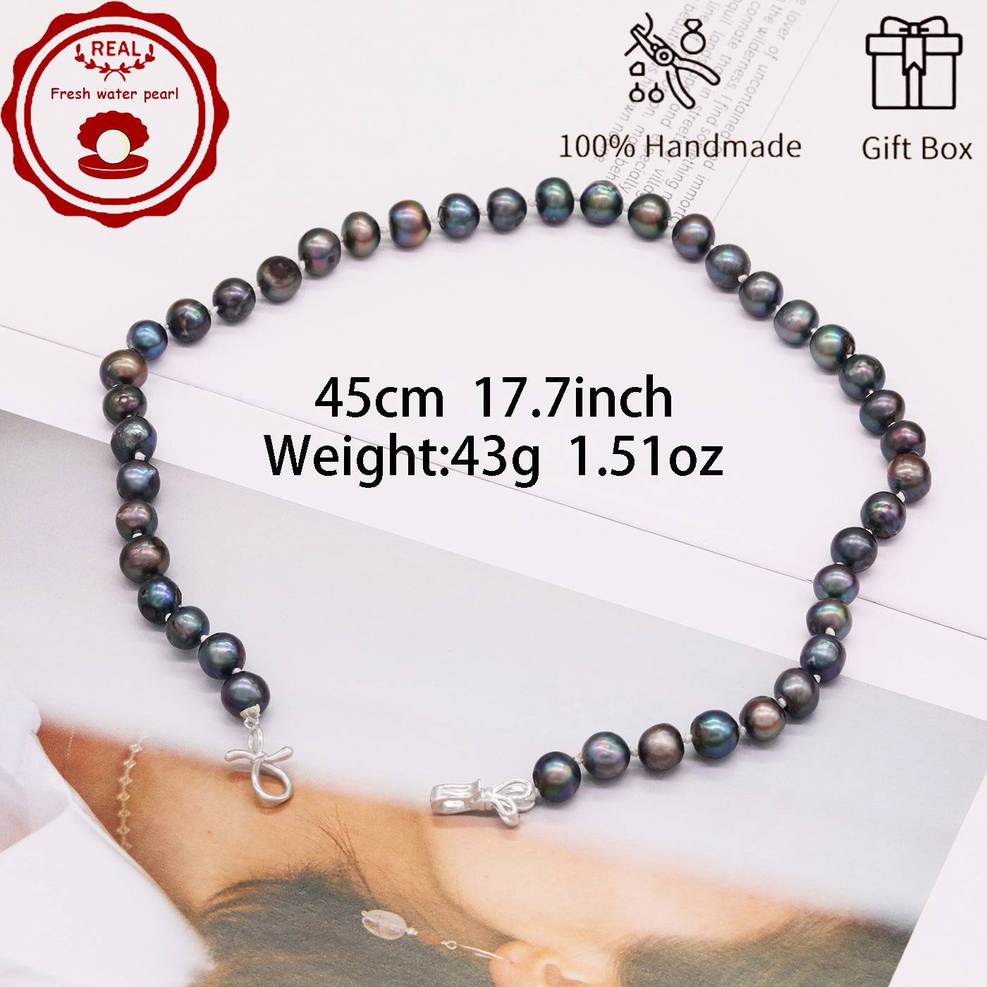 Handmade Freshwater Pearl Necklace for men and women Classic Vintage 20 year Old Large Old Pearl 17.7inch long Freshwater Pearl necklace Ideal for  Valentine's Day gifts【NK-XL2501-Purple-02】