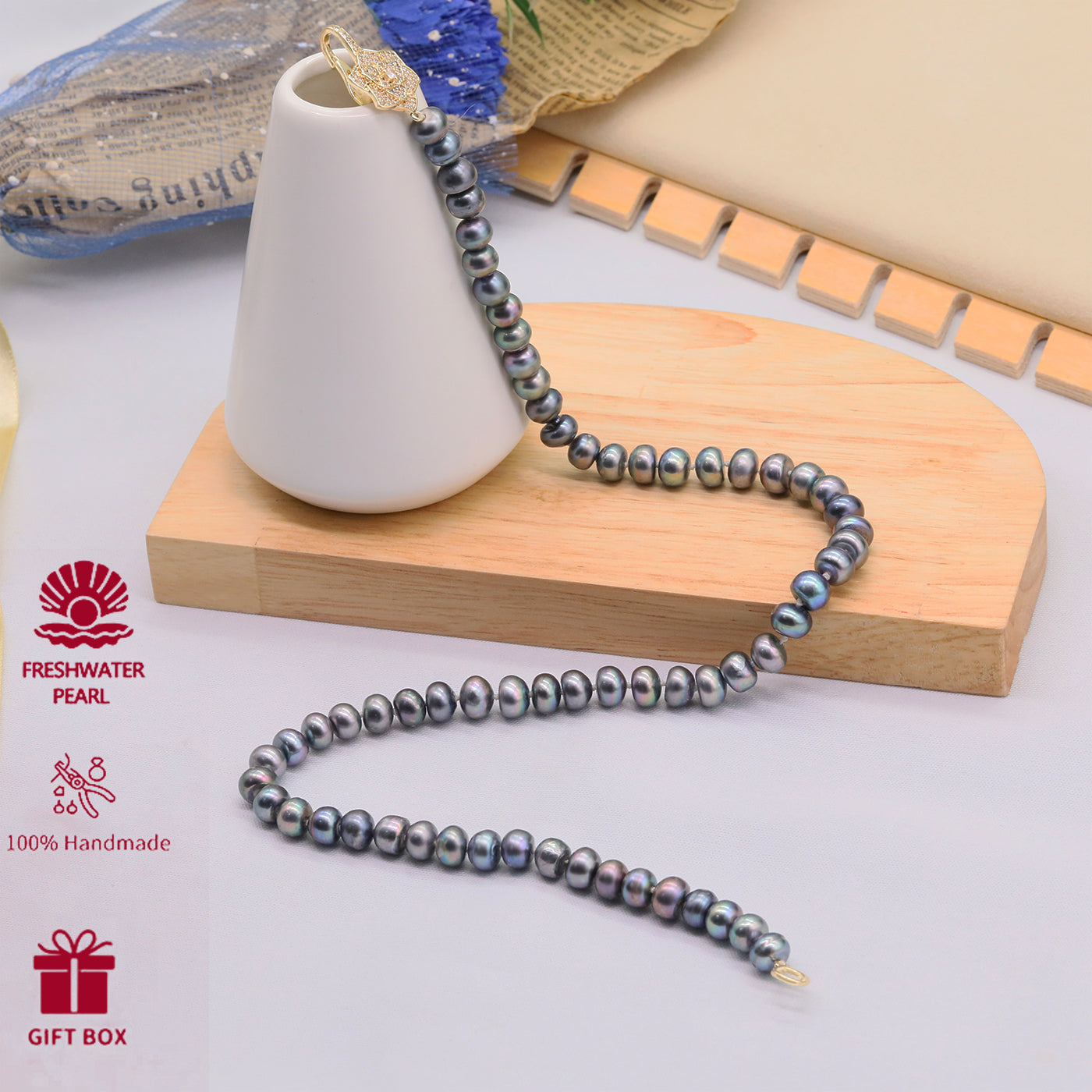 100% handmade 8-9mm grey natural Freshwater Pearl Necklace  Freshwater Pearl necklace with flower clapper perfect for Christmas, Valentine's Day gifts, attached gift box, perfect for everyday, wedding, anniversary[XL-2412sliver-01]