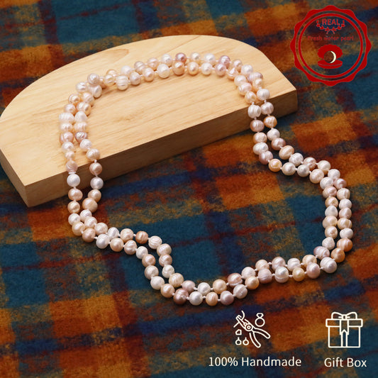 An elegant 47.2inch long pink and white 7-8mm freshwater pearl long necklace  pearl sweater chain with gift box, perfect for everyday, birthday parties and anniversaries, great gifts for Valentine's Day [XL-2412pink-02]