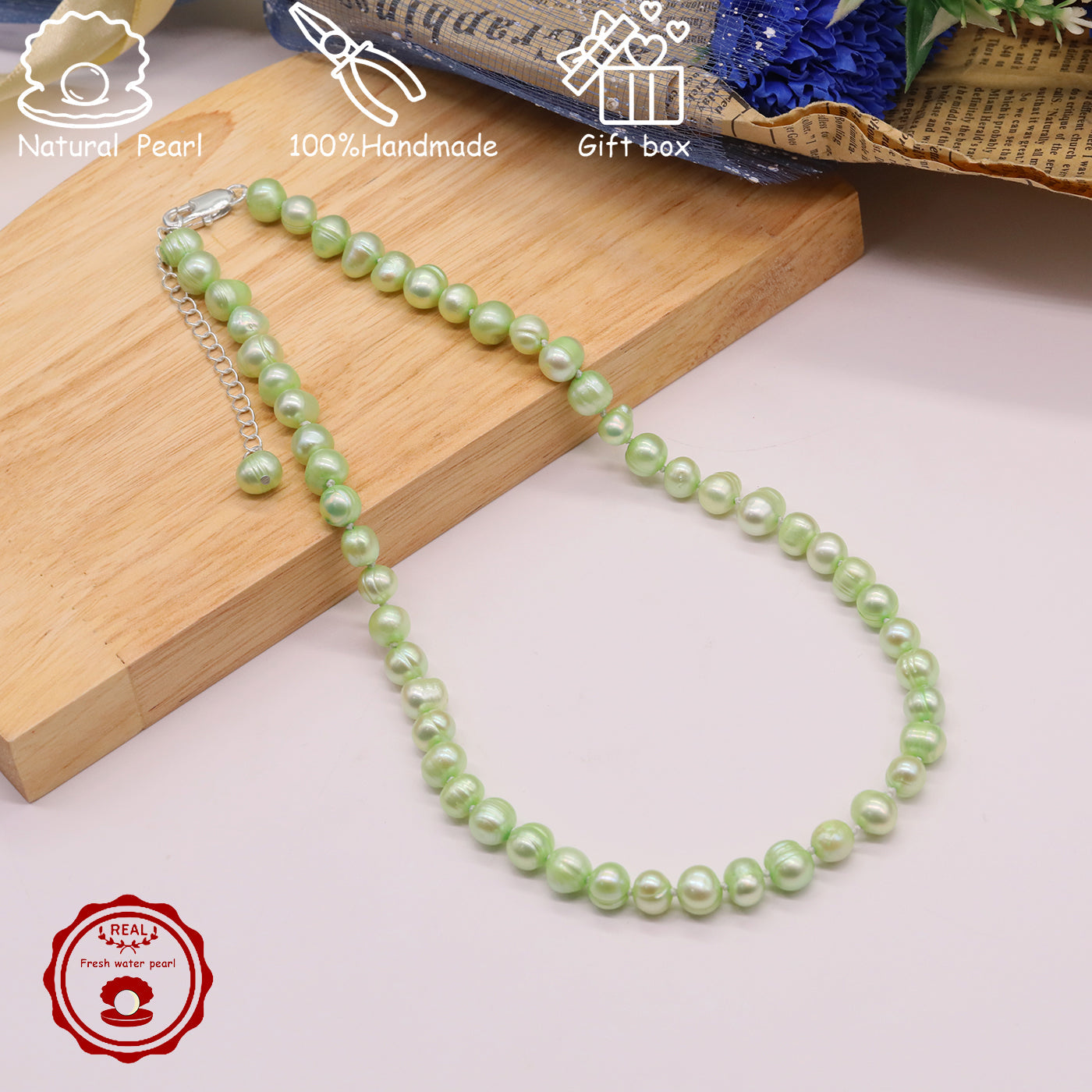 16.9Inch 8-9Mm Luxury Green Natural Freshwater Pearl Necklace, 100% Handmade, Elegant Fashion Jewelry for Him/Her, Suitable for Daily, Party, Wedding, Anniversary, Valentine'S Day, Halloween, Christmas, Thanksgiving, New Year Gift