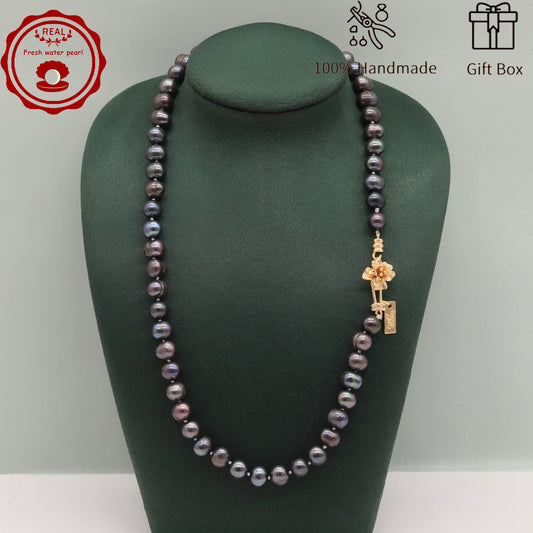 Handmade 18.5inch real 8-9mm purple colored freshwater Pearl necklace with flower clapper for freshwater pearl necklace with gift box, Valentine's Day and Thanksgiving gifts, perfect for everyday, birthday parties【XL-2411Purple-008】