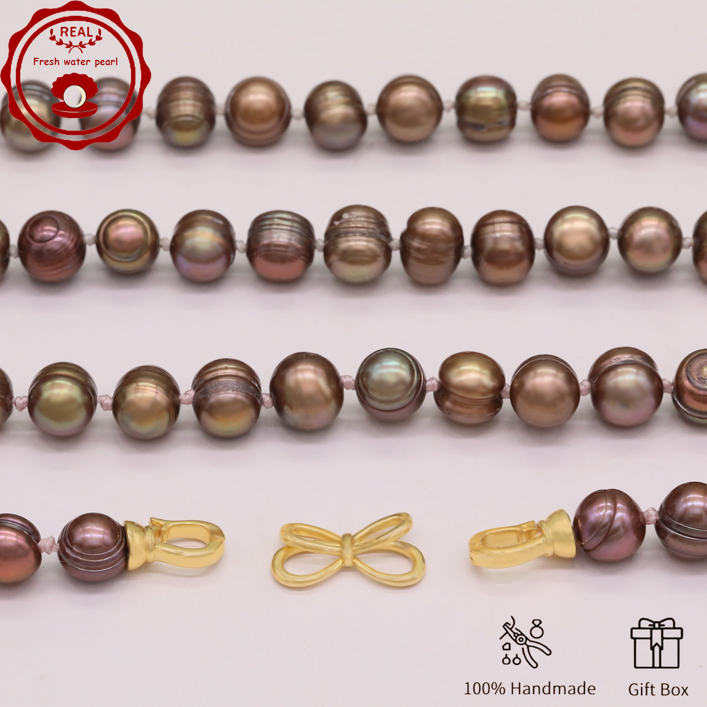 Luxury 19.5" Elegant Natural Brown Color-Freshwater Pearl Necklace, 100% Handcrafted, 10mm Pearls, with Golden Butterfly Clasp, Gift Box Included, for Daily Wear & Special Occasions, Ideal for Gifting