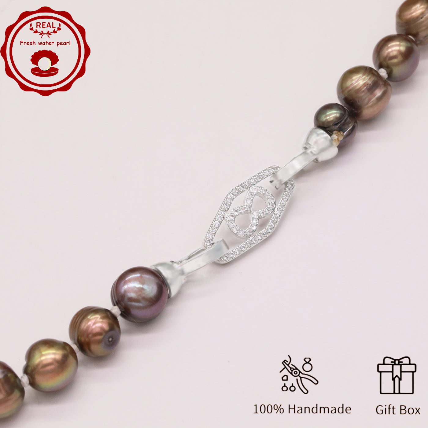 Luxurious 19.7inch long brown colored natural Freshwater Pearl with silver plated diamond button 100% handmade stylish 9mm natural freshwater pearl necklace with gift box perfect for everyday, wedding, birthday parties and anniversaries