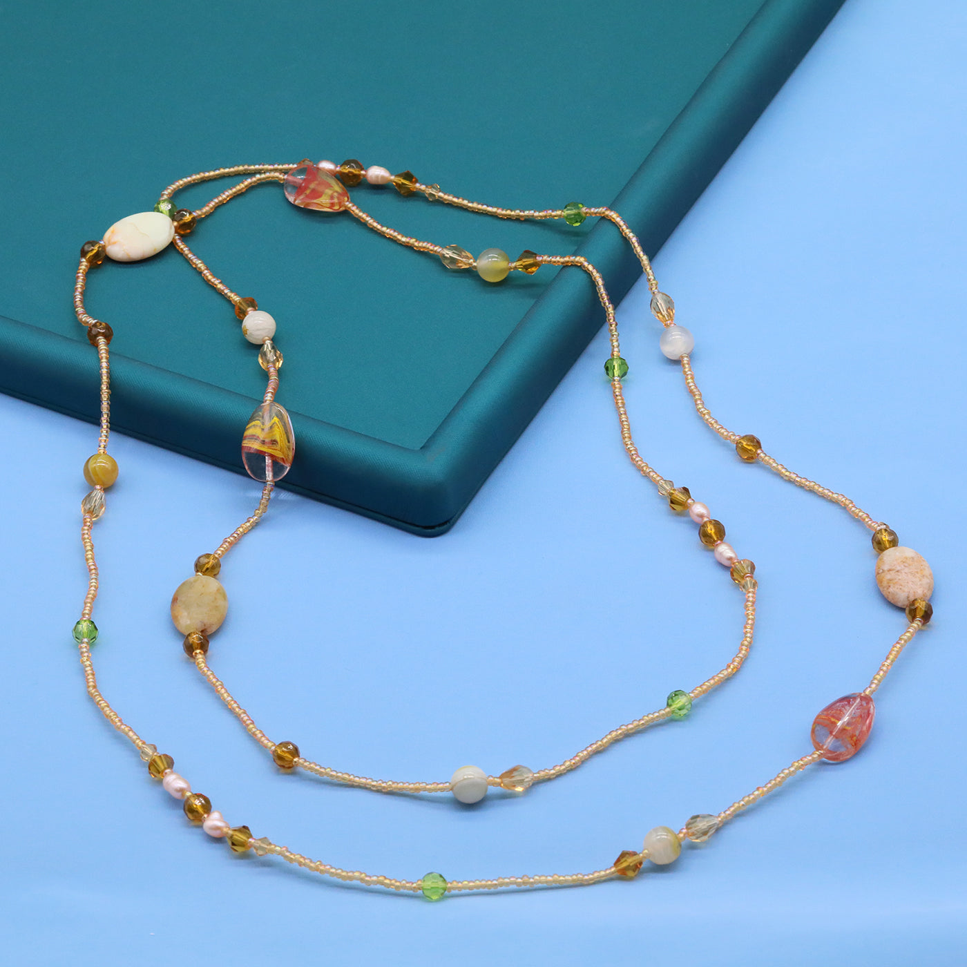 Bohemian style 51.2inch long Yellow stone with Freshwater Pearl Long necklace Handmade elegant long necklace ideal for Christmas and Valentine's Day gifts, suitable for everyday[XL-2412golden-01]