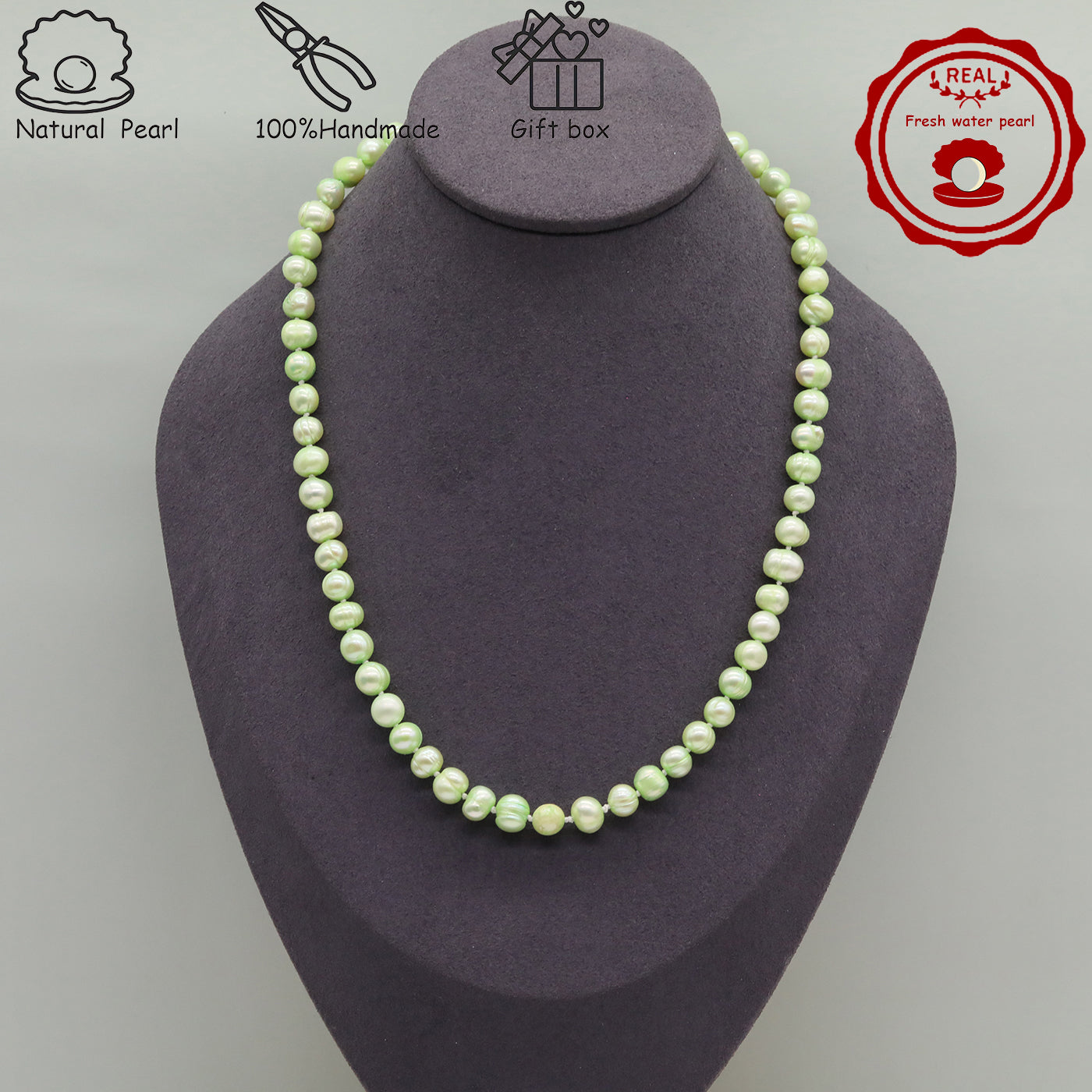 16.9Inch 8-9Mm Luxury Green Natural Freshwater Pearl Necklace, 100% Handmade, Elegant Fashion Jewelry for Him/Her, Suitable for Daily, Party, Wedding, Anniversary, Valentine'S Day, Halloween, Christmas, Thanksgiving, New Year Gift