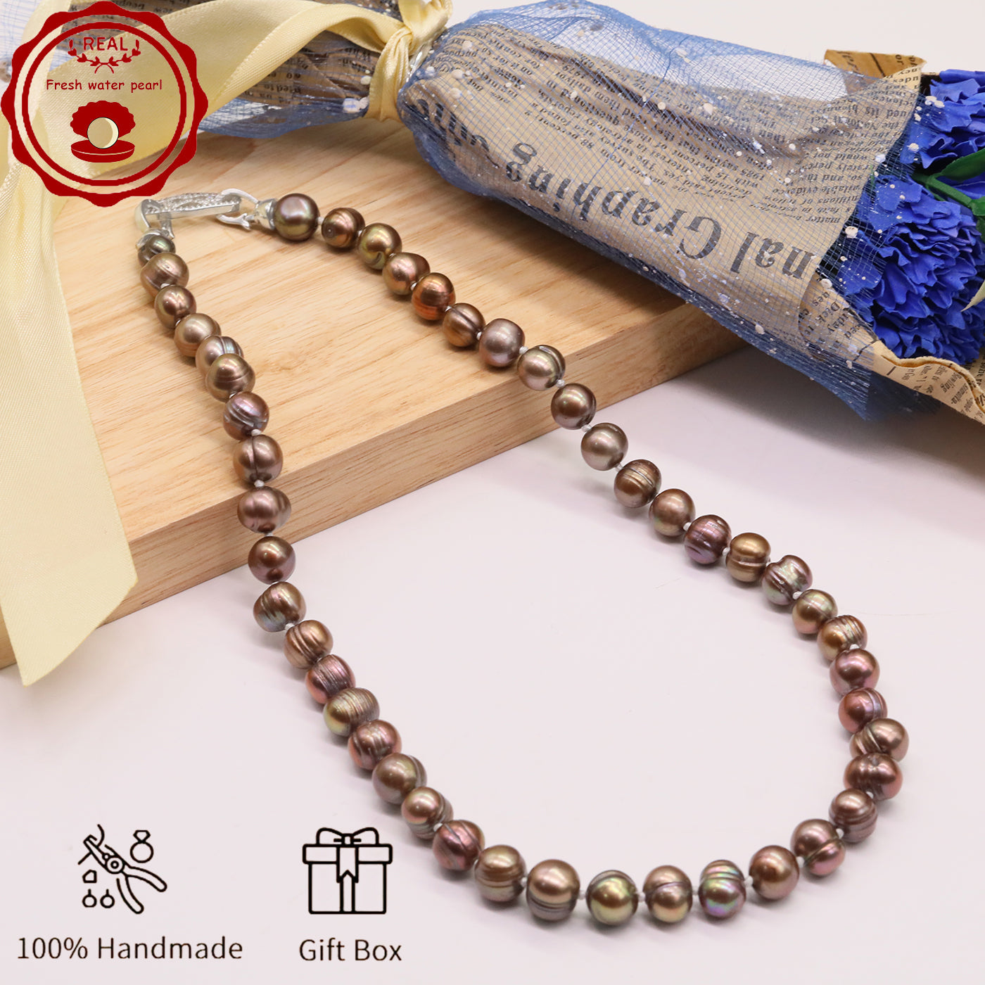 Luxurious 19.7inch long brown colored natural Freshwater Pearl with silver plated diamond button 100% handmade stylish 9mm natural freshwater pearl necklace with gift box perfect for everyday, wedding, birthday parties and anniversaries