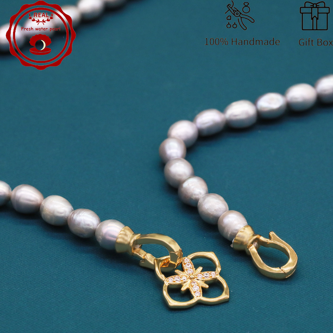 Elegant Handcrafted Gray Freshwater Pearl Necklace with Golden-Embellished Butterfly Clasp, Perfect for Daily Wear & Special Occasions, Includes Gift Box