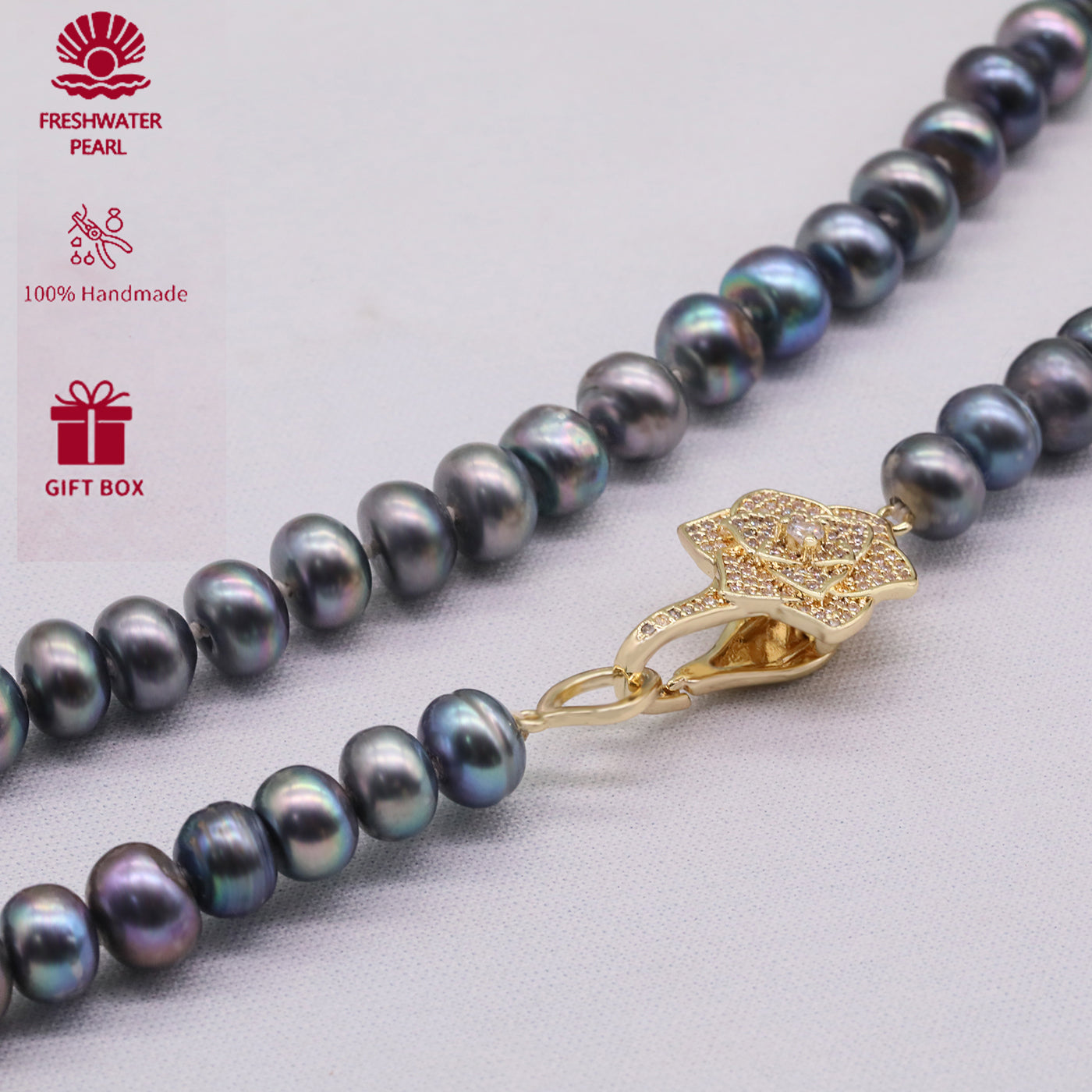 100% handmade 8-9mm grey natural Freshwater Pearl Necklace  Freshwater Pearl necklace with flower clapper perfect for Christmas, Valentine's Day gifts, attached gift box, perfect for everyday, wedding, anniversary[XL-2412sliver-01]