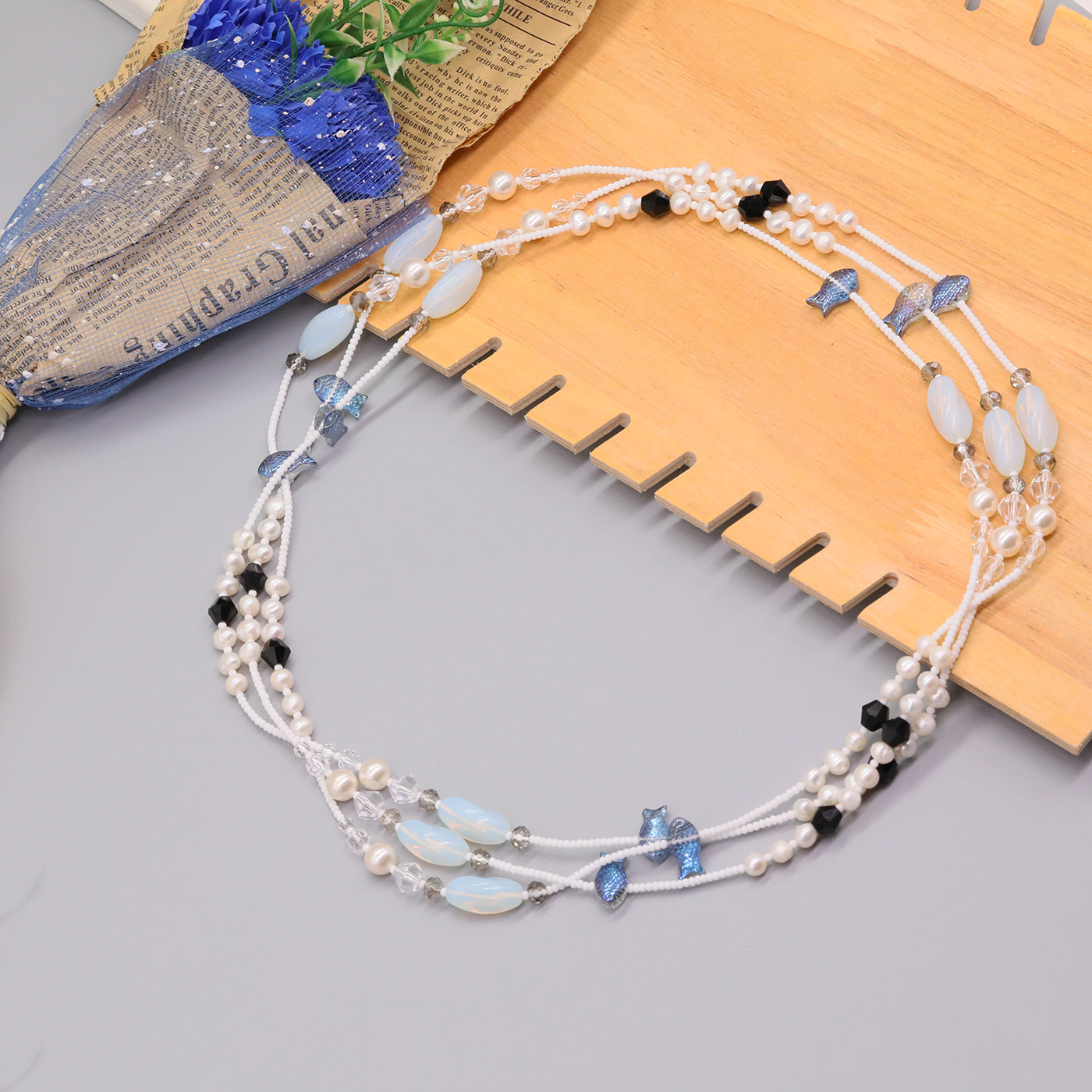 100% handmade black and white stone with natural freshwater Pearl long necklace Boho style Handmade long necklace with small fish pendant Fashion sweater chain  Suitable for  Valentine's Day【NK-XL2501Black-02】