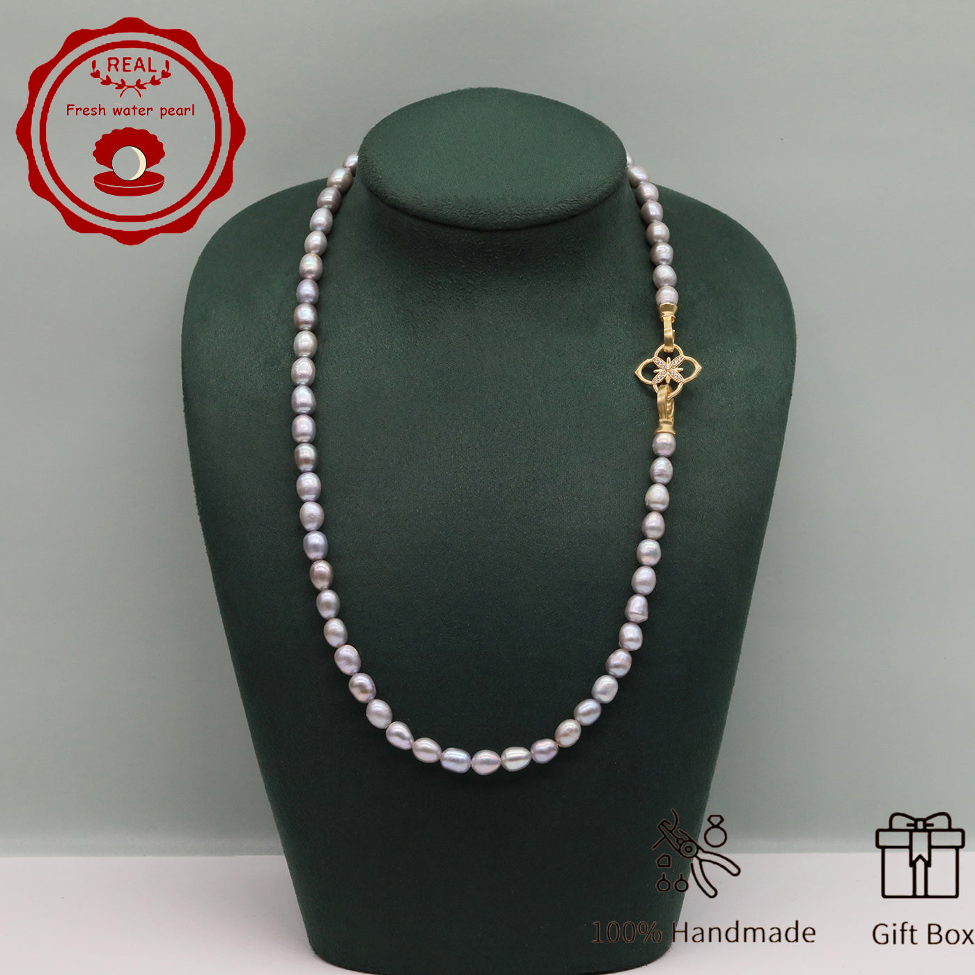 Elegant Handcrafted Gray Freshwater Pearl Necklace with Golden-Embellished Butterfly Clasp, Perfect for Daily Wear & Special Occasions, Includes Gift Box