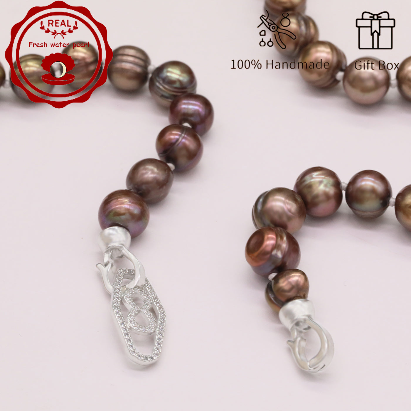 Luxurious 19.7inch long brown colored natural Freshwater Pearl with silver plated diamond button 100% handmade stylish 9mm natural freshwater pearl necklace with gift box perfect for everyday, wedding, birthday parties and anniversaries