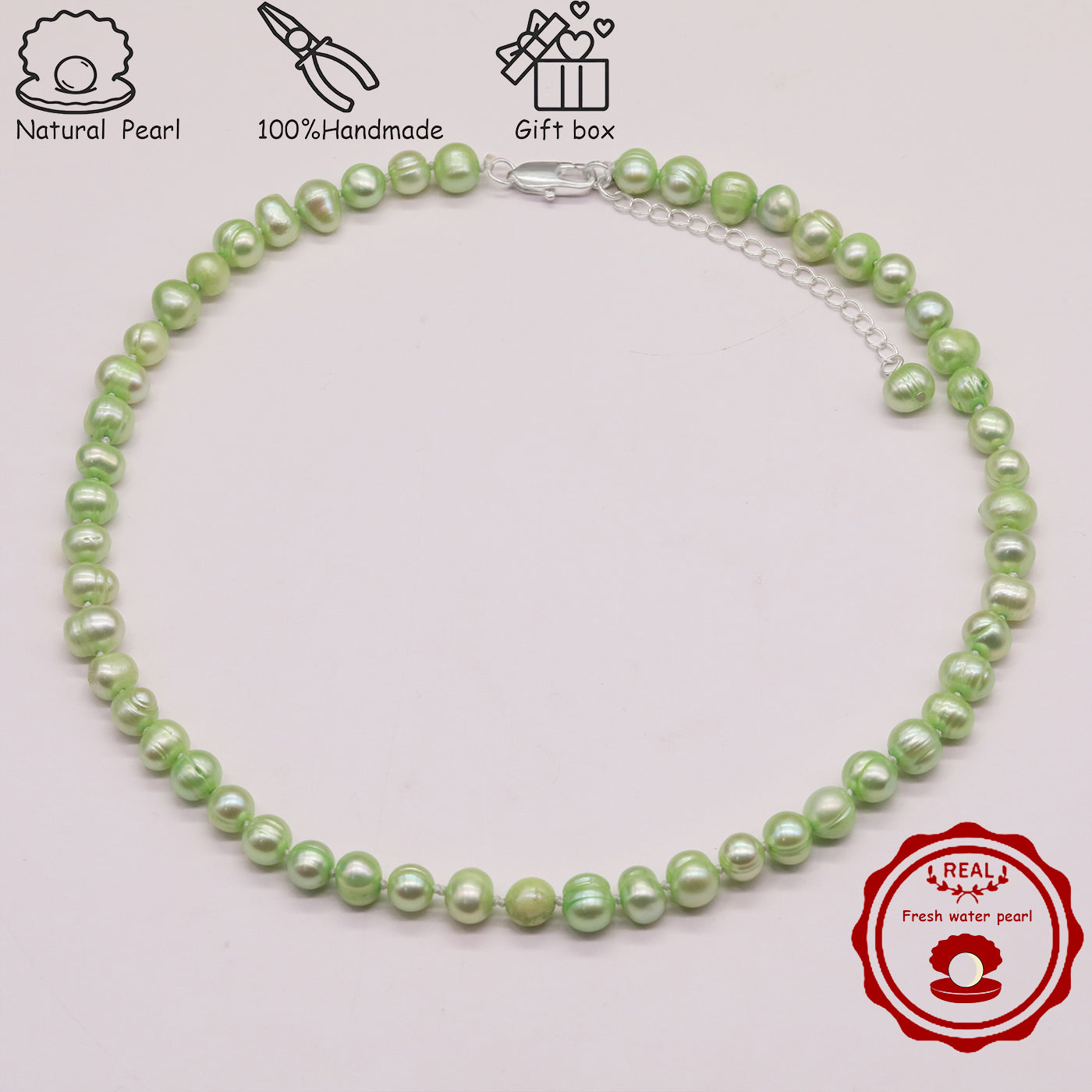 16.9Inch 8-9Mm Luxury Green Natural Freshwater Pearl Necklace, 100% Handmade, Elegant Fashion Jewelry for Him/Her, Suitable for Daily, Party, Wedding, Anniversary, Valentine'S Day, Halloween, Christmas, Thanksgiving, New Year Gift