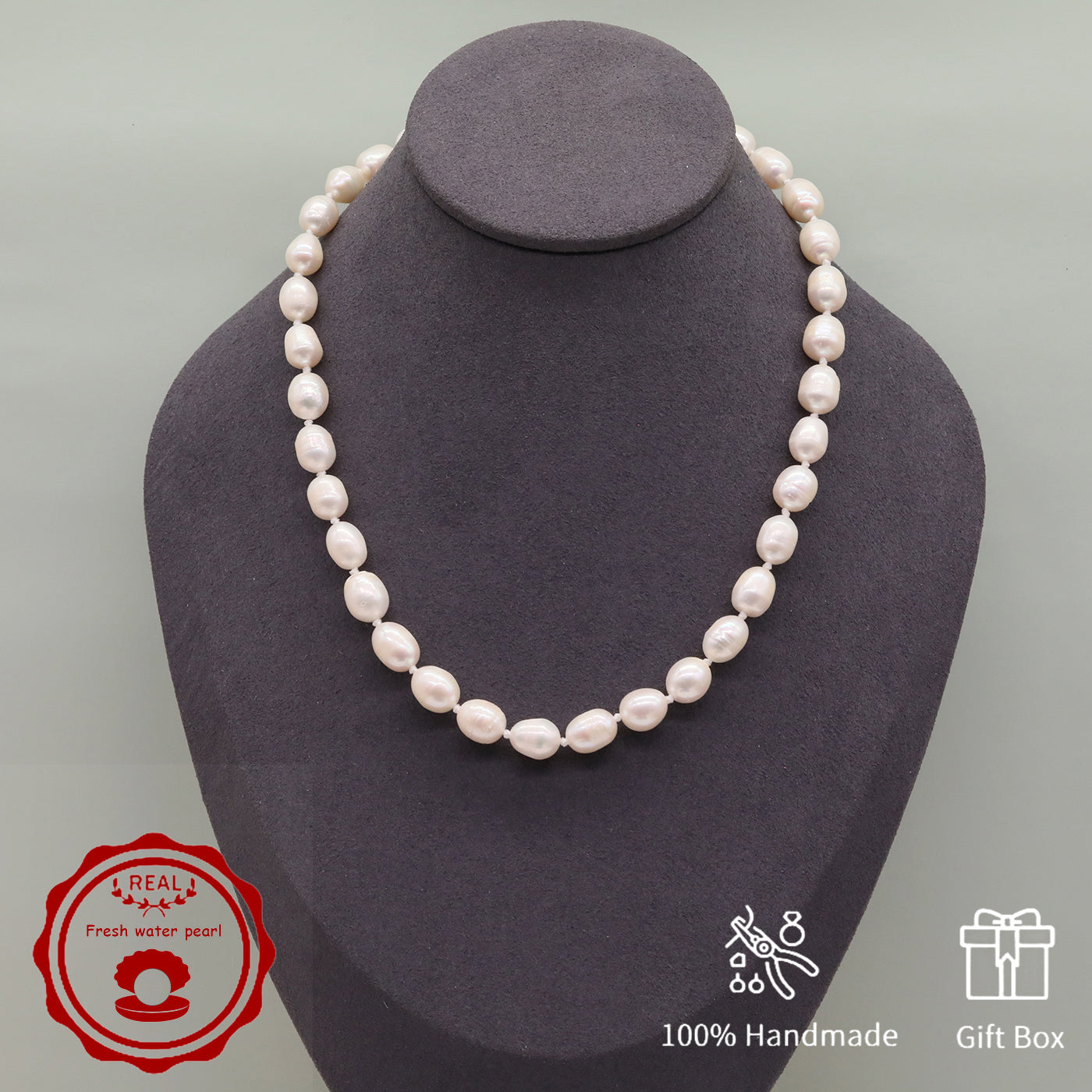 100% Handmade Natural White Freshwater Pearl Necklace Luxury 17.3Inch Long 9Mm White Natural Freshwater Pearl Necklace Comes with a Stylish Flower Clasp Gift Box, Give It to Him/Her, Suitable for Daily/Party/Wedding/Anniversary/Valentine'S Day//Christmas