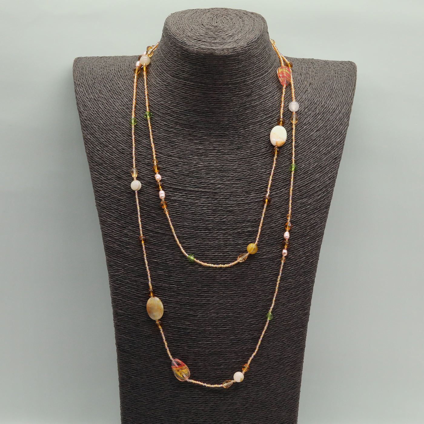 Bohemian style 51.2inch long Yellow stone with Freshwater Pearl Long necklace Handmade elegant long necklace ideal for Christmas and Valentine's Day gifts, suitable for everyday[XL-2412golden-01]