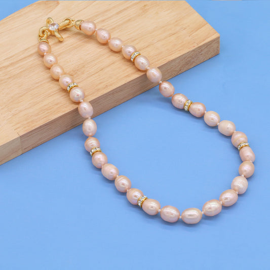 Gorgeous real pink Freshwater Pearl Necklace with bead and four-leaf clover clapper Luxurious 17.3inch long men's and women's freshwater pearl necklace with gift box, perfect for everyday, wedding, unique Christmas, Valentine's Day and Thanksgiving gifts