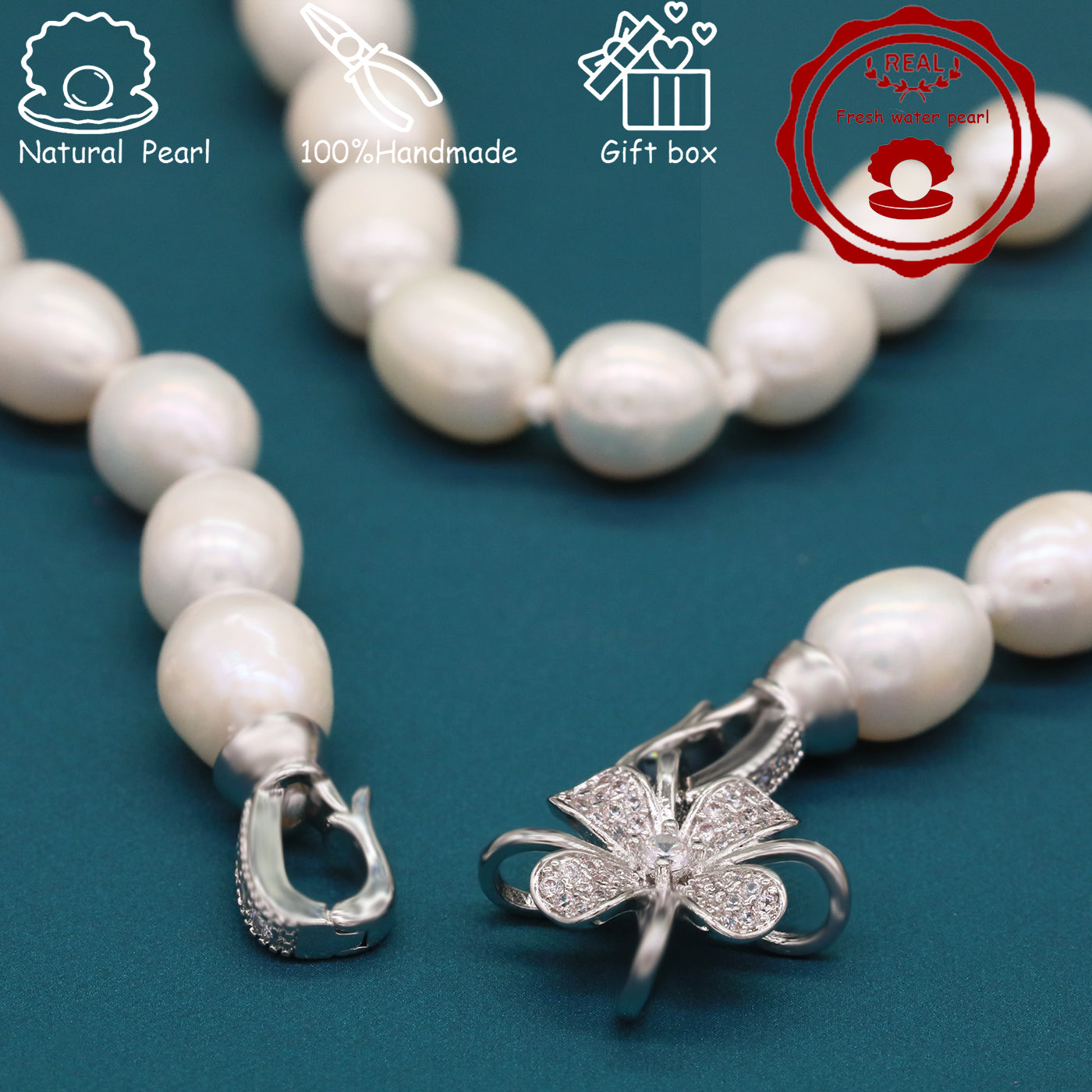 100% Handmade Natural White Freshwater Pearl Necklace Luxury 17.3Inch Long 9Mm White Natural Freshwater Pearl Necklace Comes with a Stylish Flower Clasp Gift Box, Give It to Him/Her, Suitable for Daily/Party/Wedding/Anniversary/Valentine'S Day//Christmas