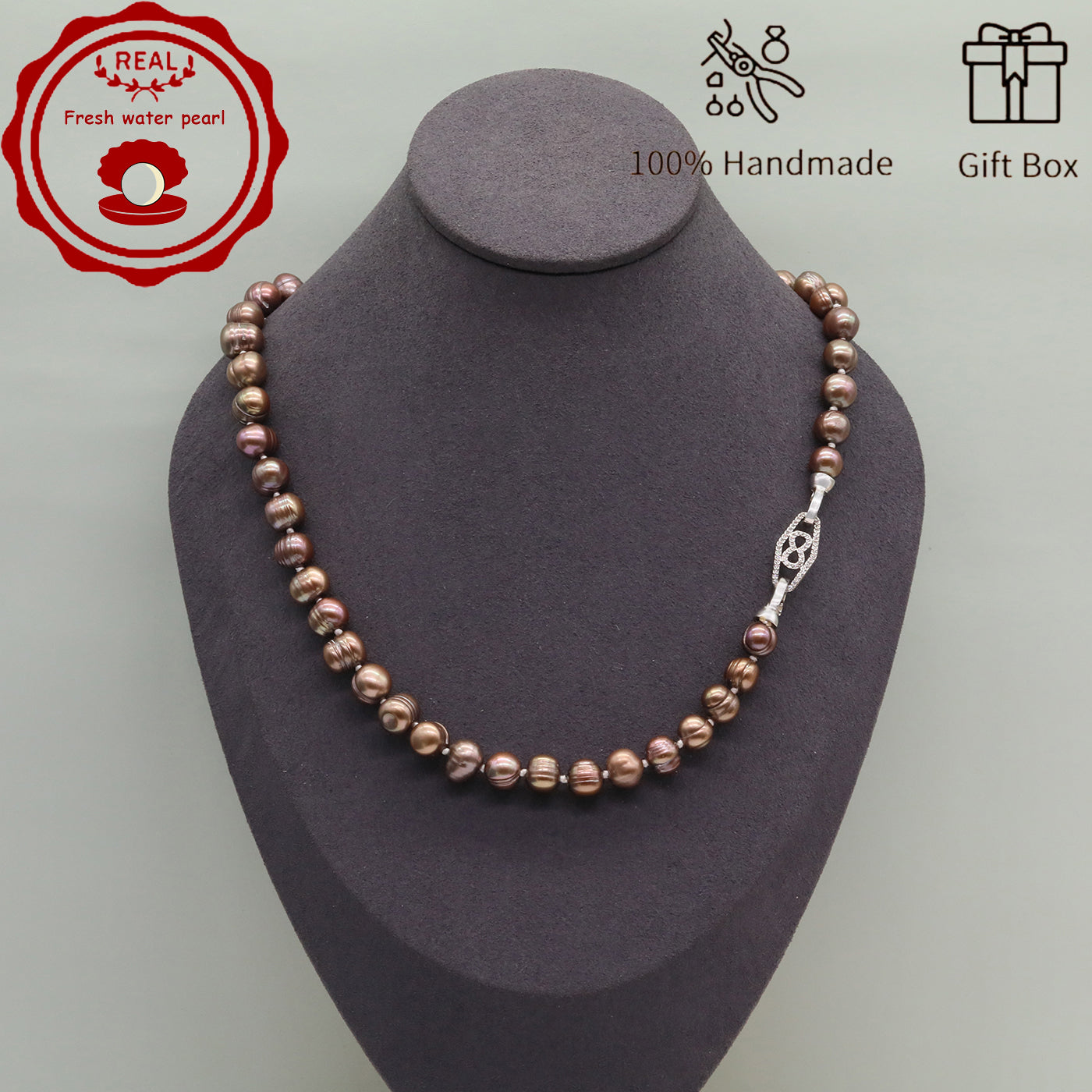 Luxurious 19.7inch long brown colored natural Freshwater Pearl with silver plated diamond button 100% handmade stylish 9mm natural freshwater pearl necklace with gift box perfect for everyday, wedding, birthday parties and anniversaries