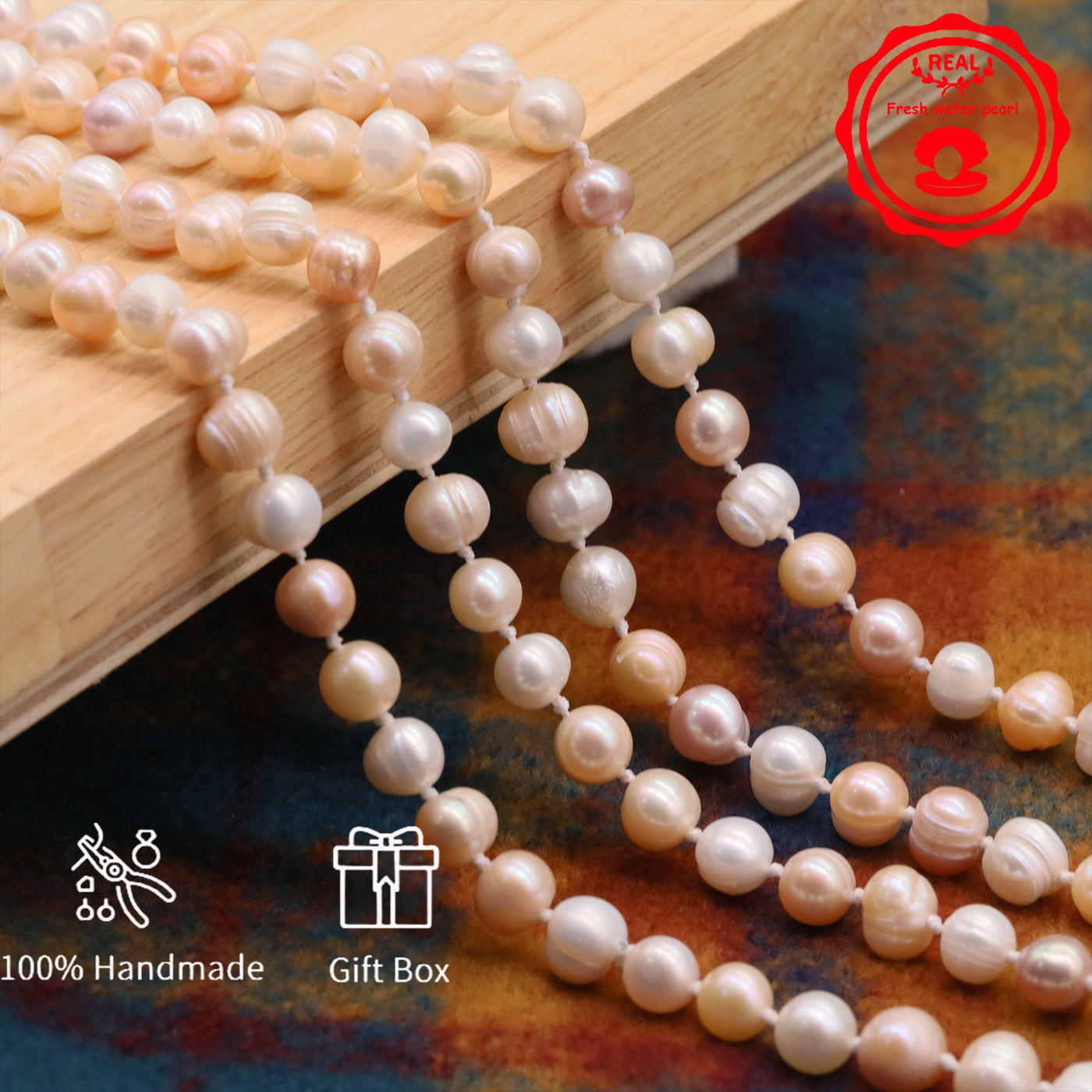 An elegant 47.2inch long pink and white 7-8mm freshwater pearl long necklace  pearl sweater chain with gift box, perfect for everyday, birthday parties and anniversaries, great gifts for Valentine's Day [XL-2412pink-02]