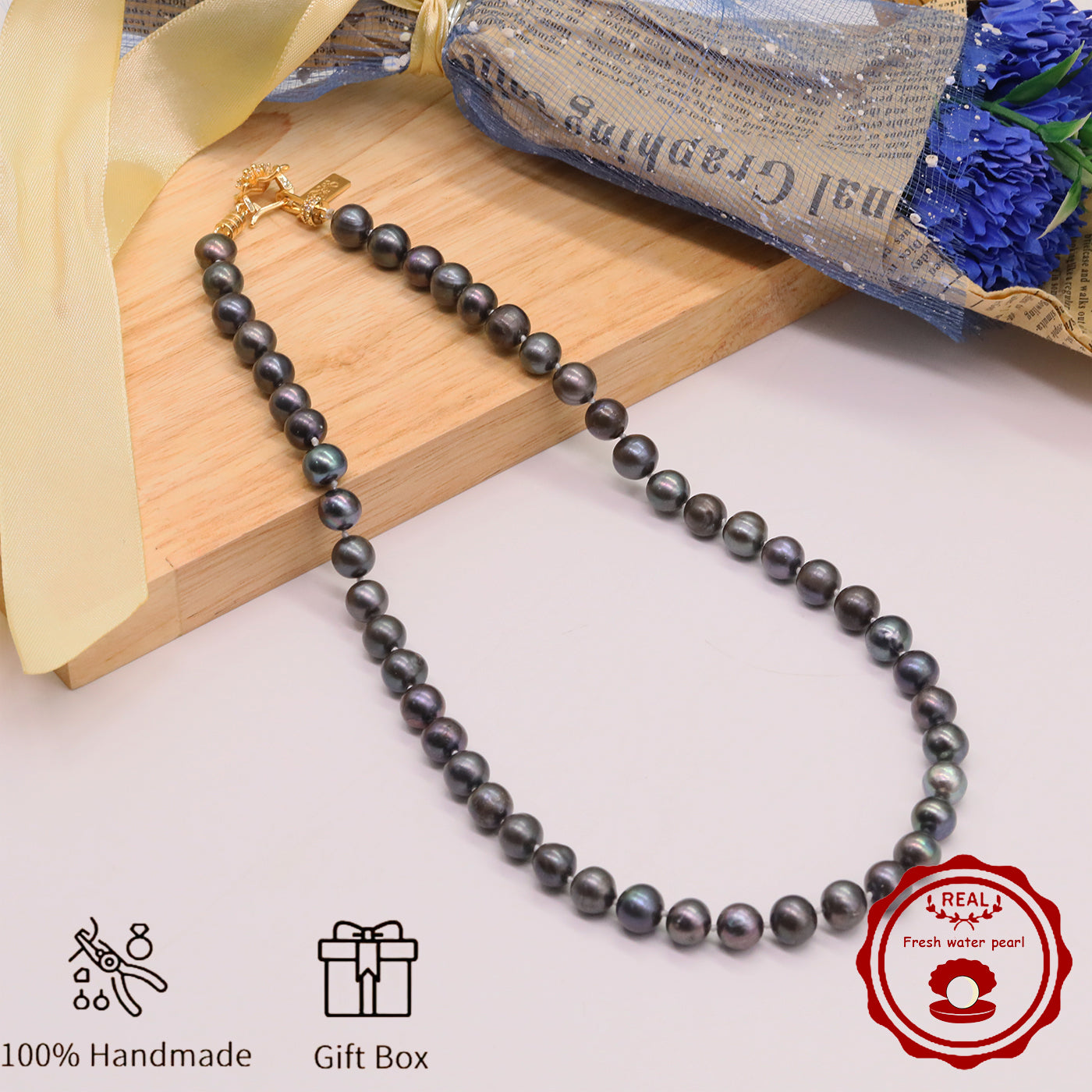 Handmade 18.5inch real 8-9mm purple colored freshwater Pearl necklace with flower clapper for freshwater pearl necklace with gift box, Valentine's Day and Thanksgiving gifts, perfect for everyday, birthday parties【XL-2411Purple-008】