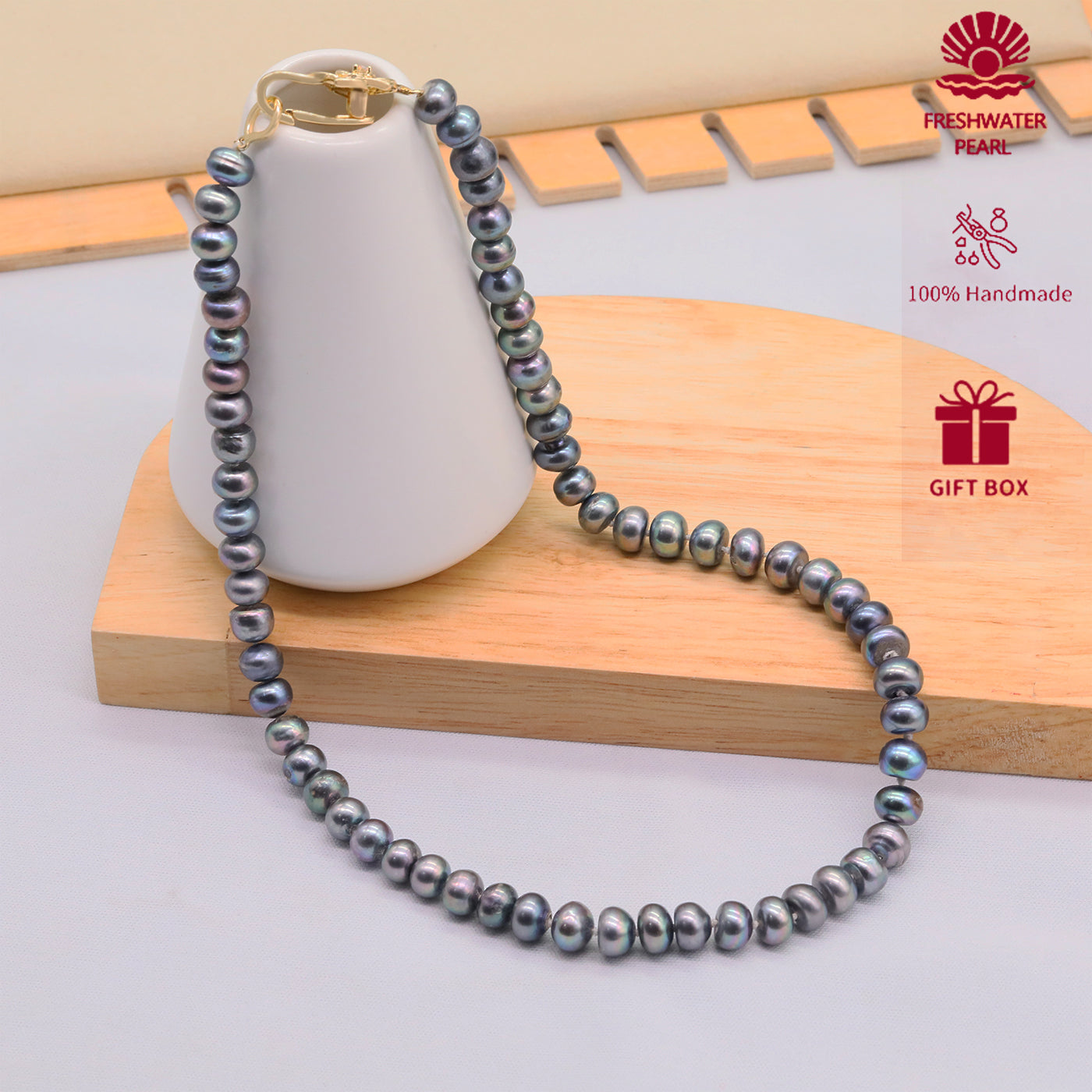 100% handmade 8-9mm grey natural Freshwater Pearl Necklace  Freshwater Pearl necklace with flower clapper perfect for Christmas, Valentine's Day gifts, attached gift box, perfect for everyday, wedding, anniversary[XL-2412sliver-01]