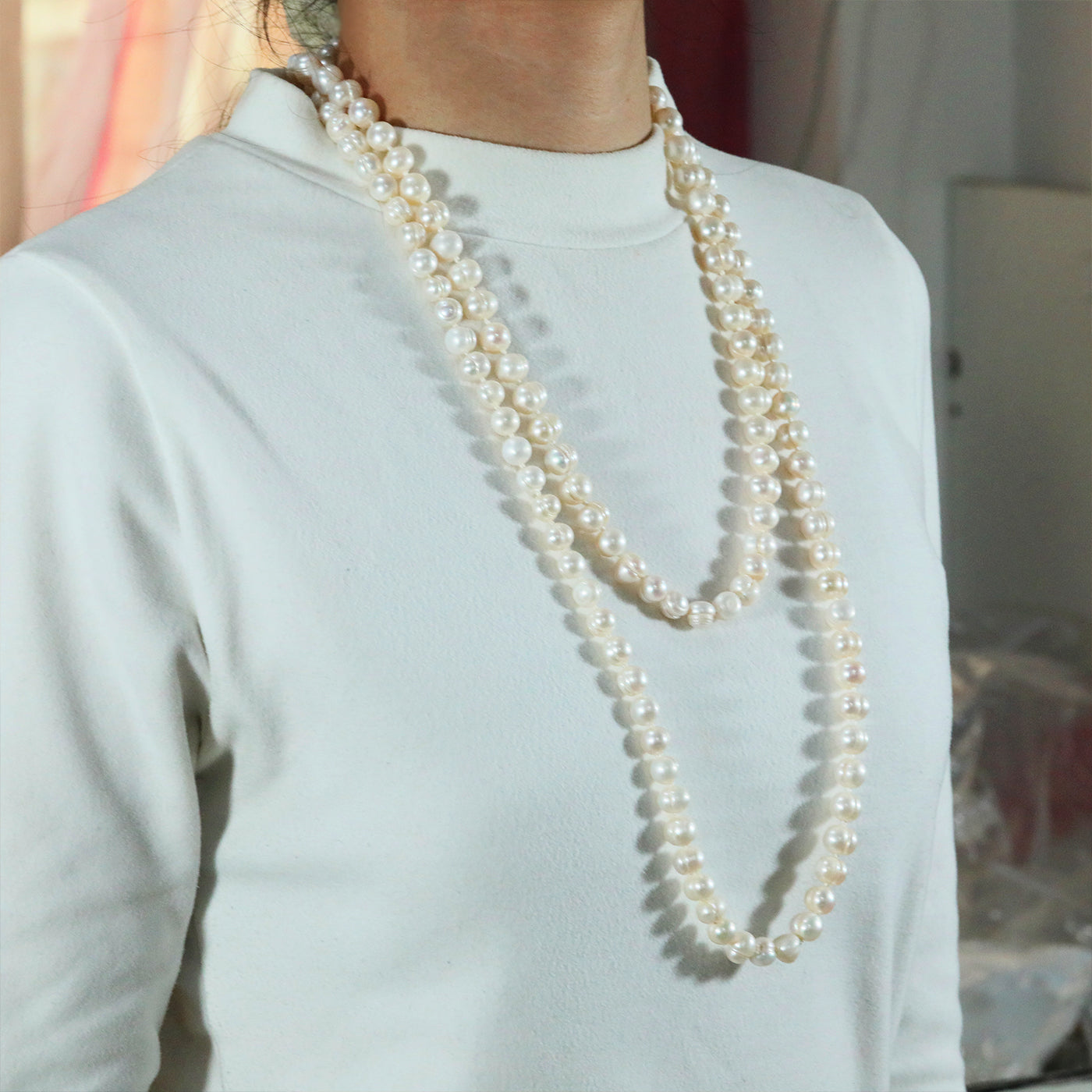 Palace style 55.1inch long white natural pearl necklace, 9-10mm real white freshwater pearl, freshwater pearl sweater chain, suitable for parties and banquets, ideal Valentine's Day gift【XL-2501White-05】