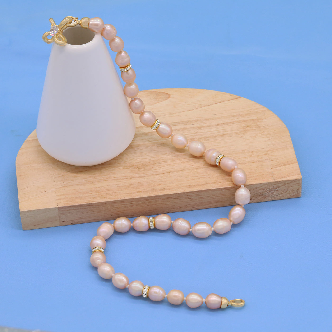 Gorgeous real pink Freshwater Pearl Necklace with bead and four-leaf clover clapper Luxurious 17.3inch long men's and women's freshwater pearl necklace with gift box, perfect for everyday, wedding, unique Christmas, Valentine's Day【XL-2412pink-01】