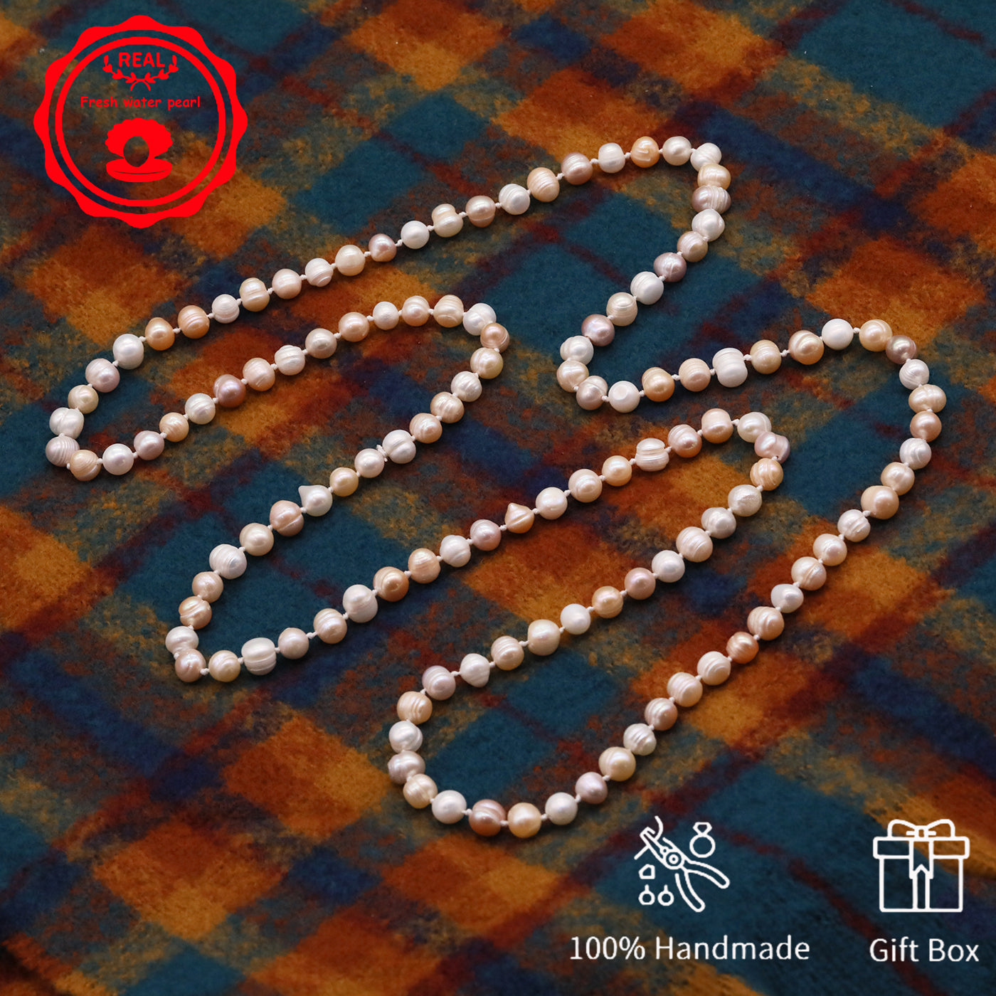 An elegant 47.2inch long pink and white 7-8mm freshwater pearl long necklace  pearl sweater chain with gift box, perfect for everyday, birthday parties and anniversaries, great gifts for Valentine's Day [XL-2412pink-02]