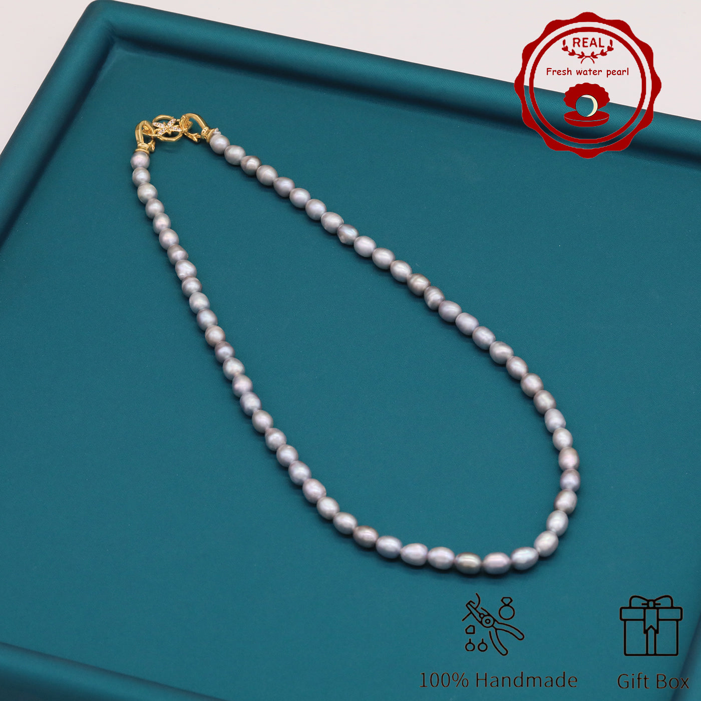 Elegant Handcrafted Gray Freshwater Pearl Necklace with Golden-Embellished Butterfly Clasp, Perfect for Daily Wear & Special Occasions, Includes Gift Box