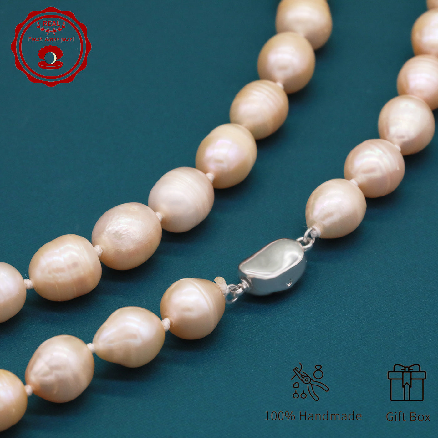 Elegant 16.5" Pink Freshwater Pearl Necklace - Handcrafted, 10mm Beads with Gift Box - Perfect for Casual Attire & Special Occasions