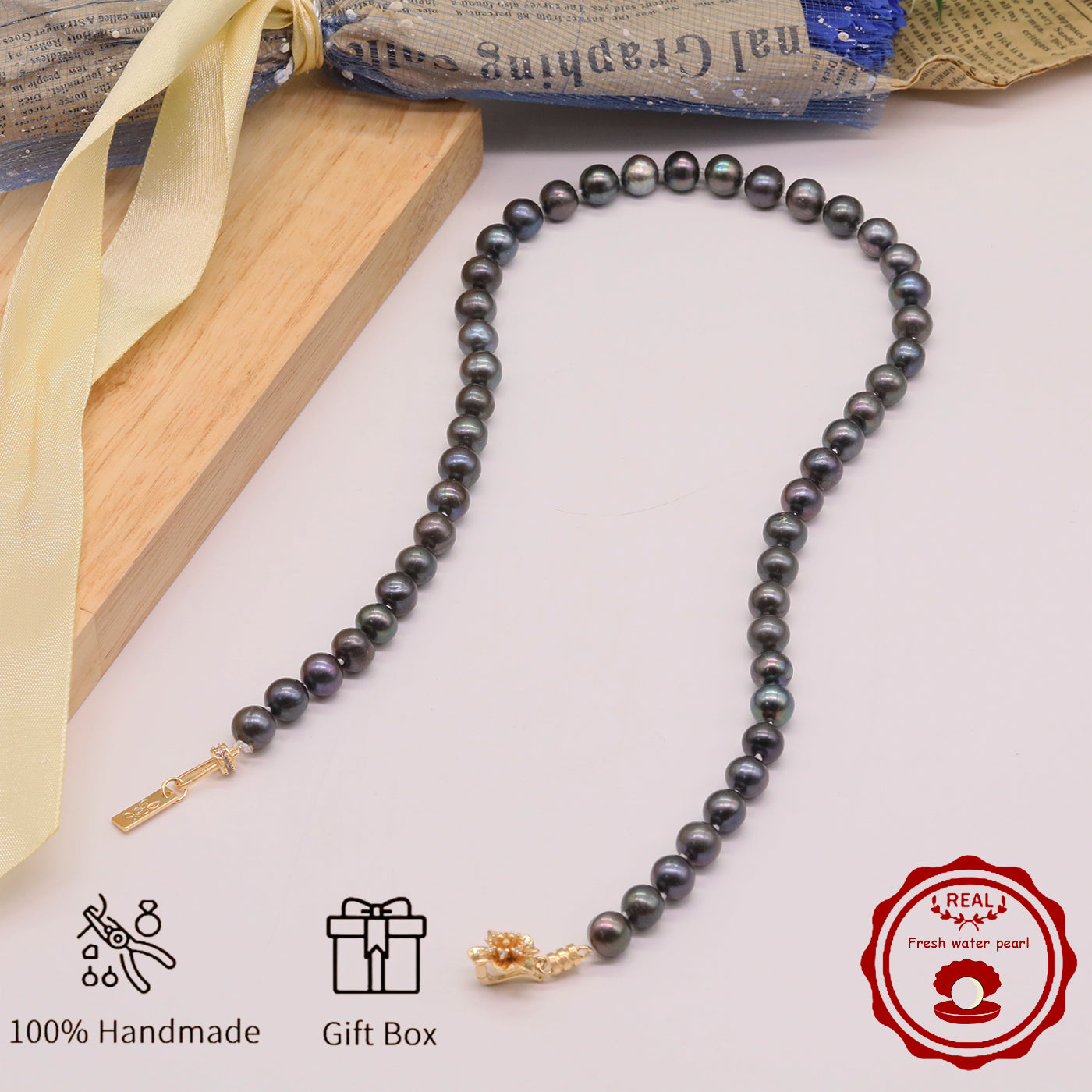 Handmade 18.5inch real 8-9mm purple colored freshwater Pearl necklace with flower clapper for freshwater pearl necklace with gift box, Valentine's Day and Thanksgiving gifts, perfect for everyday, birthday parties【XL-2411Purple-008】