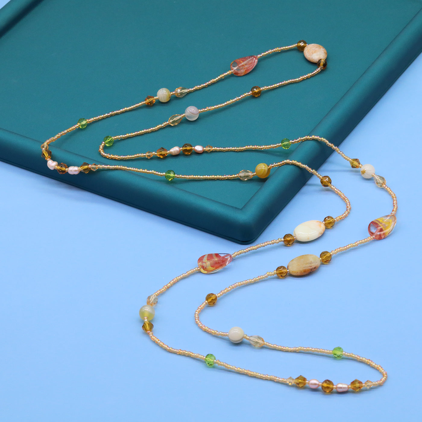 Bohemian style 51.2inch long Yellow stone with Freshwater Pearl Long necklace Handmade elegant long necklace ideal for Christmas and Valentine's Day gifts, suitable for everyday[XL-2412golden-01]