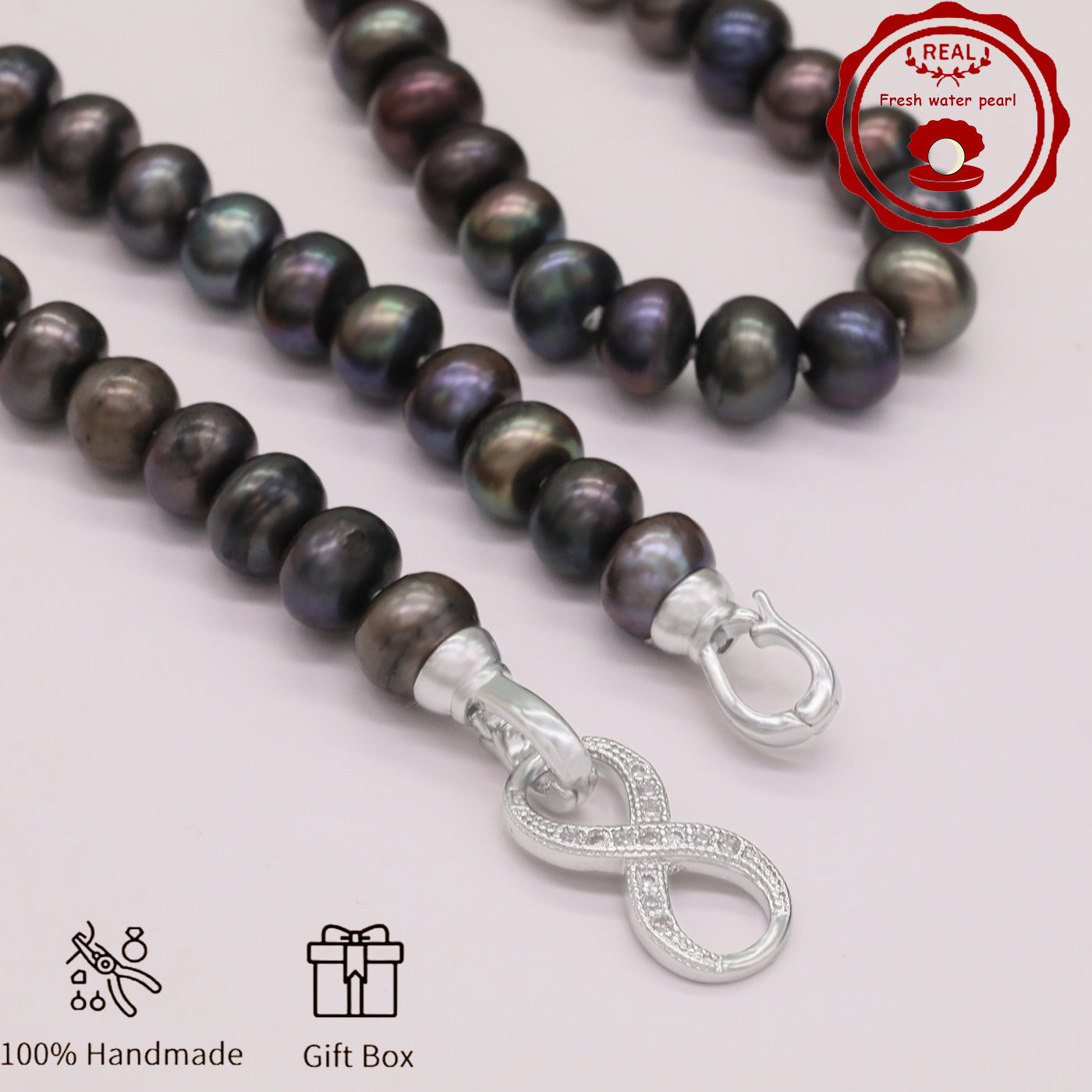 Elegant Purple Freshwater Pearl Necklace 100% handmade luxury 9-10mm Freshwater Pearl necklace with 8-shape buckle Fashion freshwater Pearl necklace with gift box holiday gifts, perfect for everyday, birthday parties, Valentine's Day【NK-XL2501Purple-05】