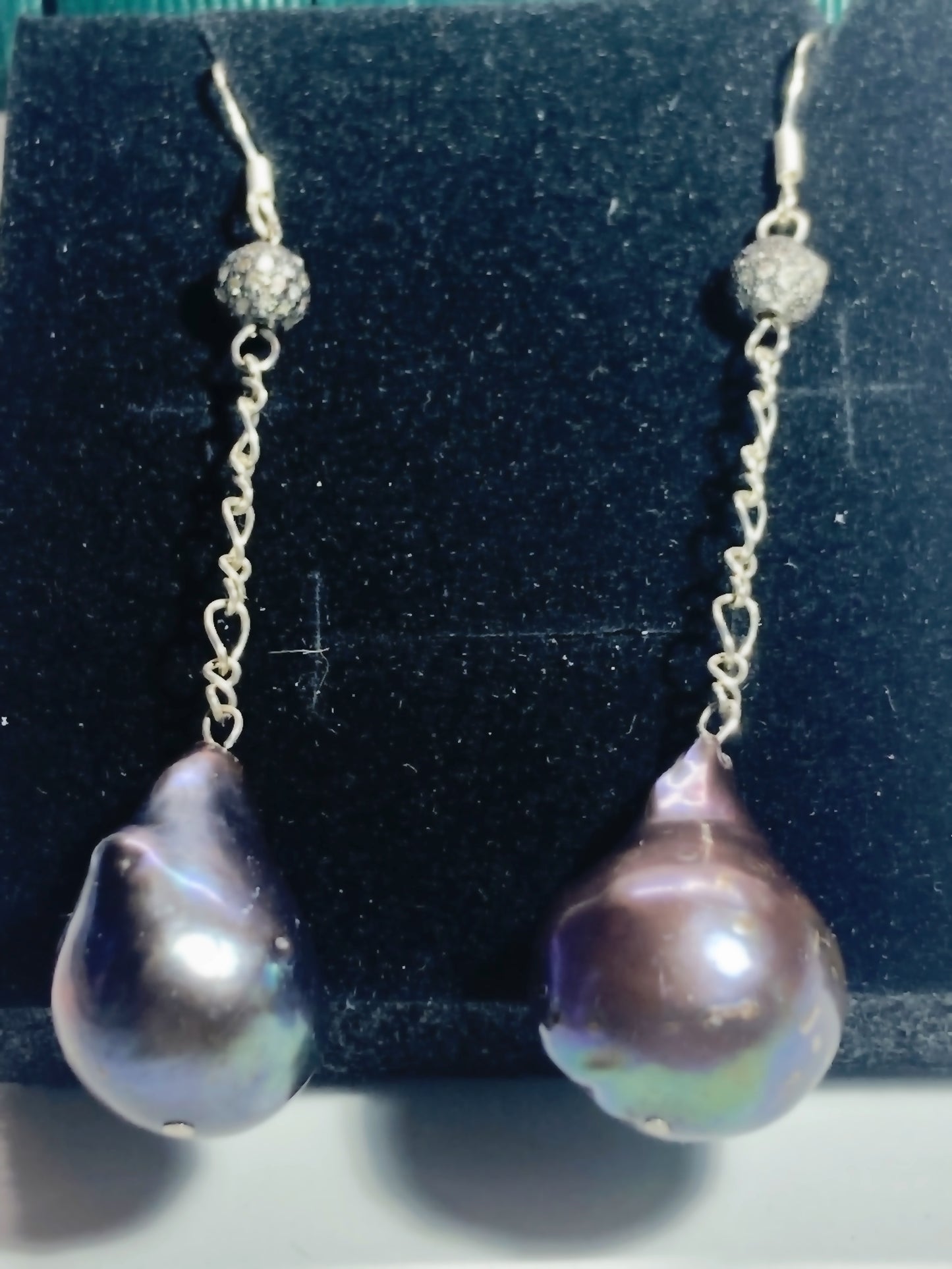 925 earrings with 6mm diamond ball and peacock baroque pearl dangle