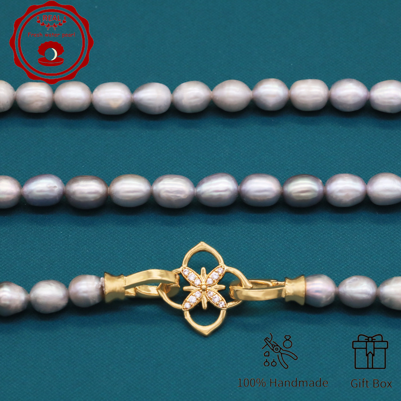 Elegant Handcrafted Gray Freshwater Pearl Necklace with Golden-Embellished Butterfly Clasp, Perfect for Daily Wear & Special Occasions, Includes Gift Box