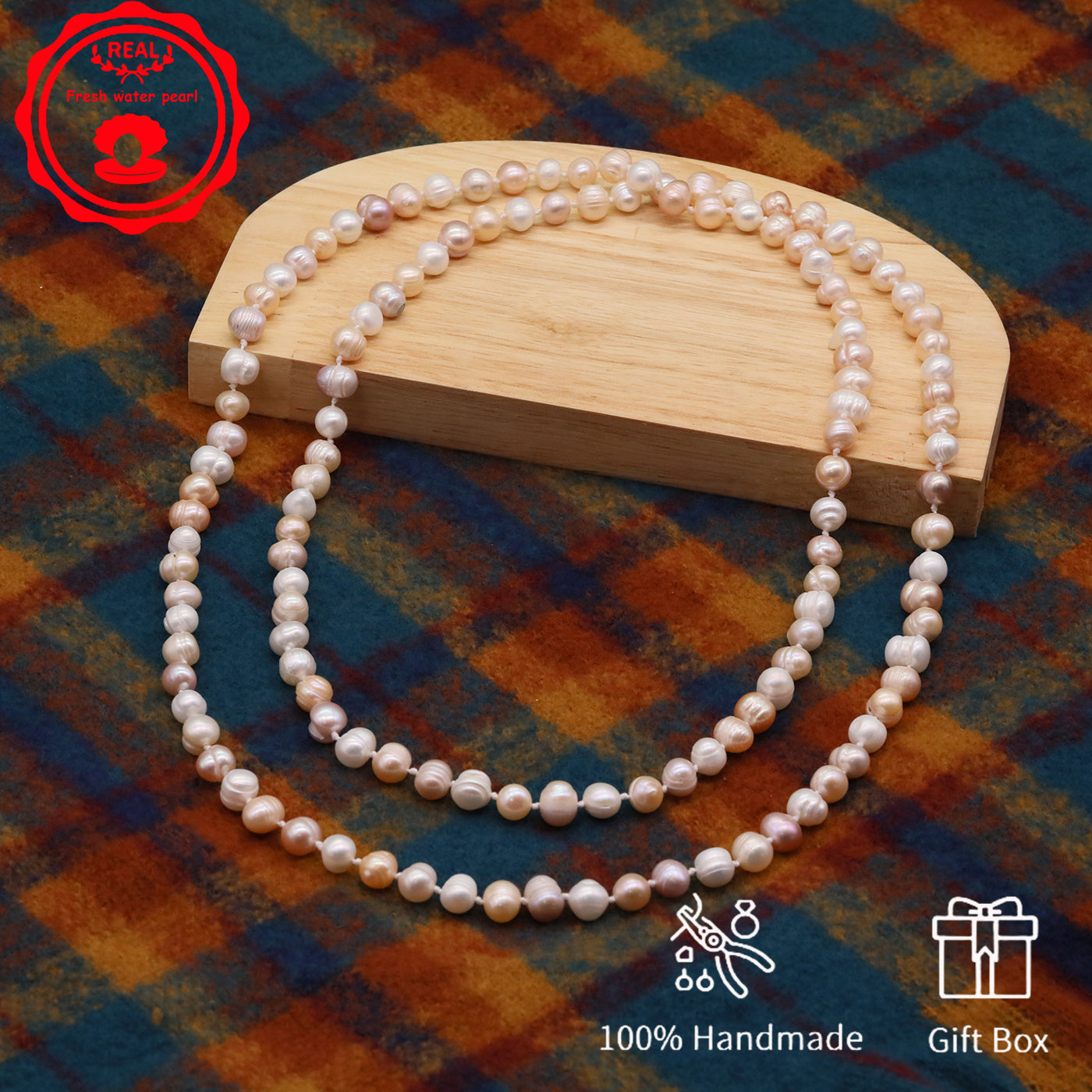 An elegant 47.2inch long pink and white 7-8mm freshwater pearl long necklace Luxury freshwater pearl sweater chain with gift box, perfect for everyday, birthday parties and anniversaries, great gifts for Christmas, Valentine's Day and Thanksgiving