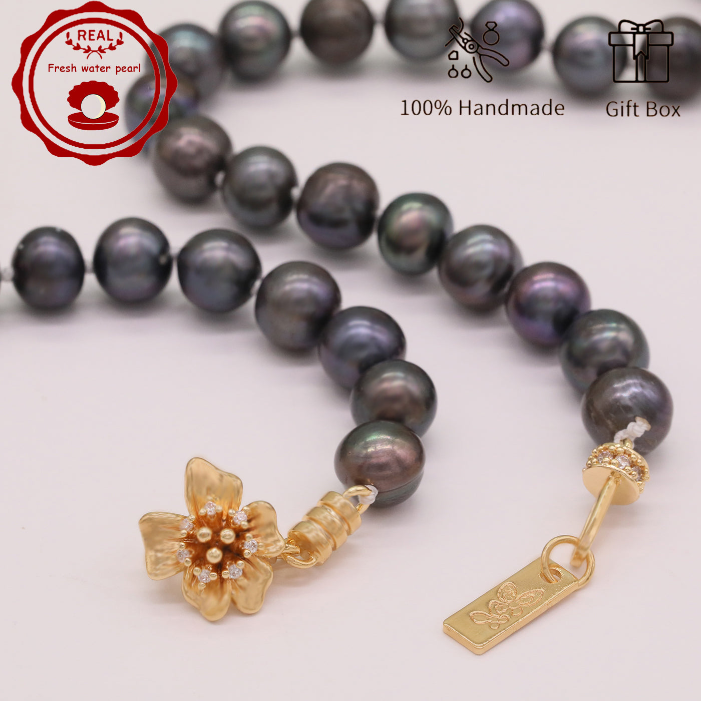 Handmade 18.5inch real 8-9mm purple colored freshwater Pearl necklace with flower clapper for freshwater pearl necklace with gift box, Valentine's Day and Thanksgiving gifts, perfect for everyday, birthday parties【XL-2411Purple-008】