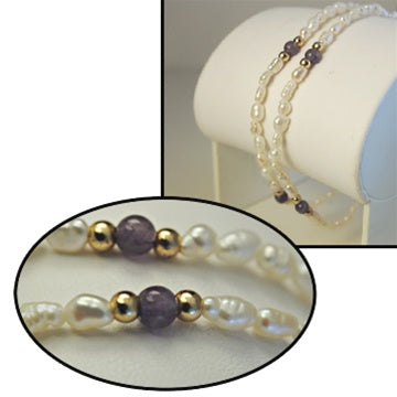 freshwater pearl and genuine amethyst women bracelet in 925 with gold overlay