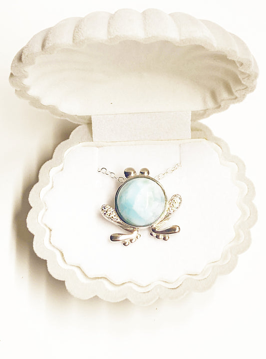 925 Sterling Silver Natural Frog Shape Blue Larimar Charm Pendant