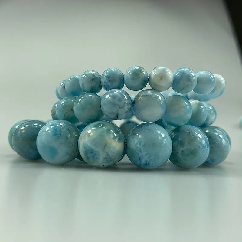 Natural Larimar Stone Beads Women Men Bracelet Round Blue