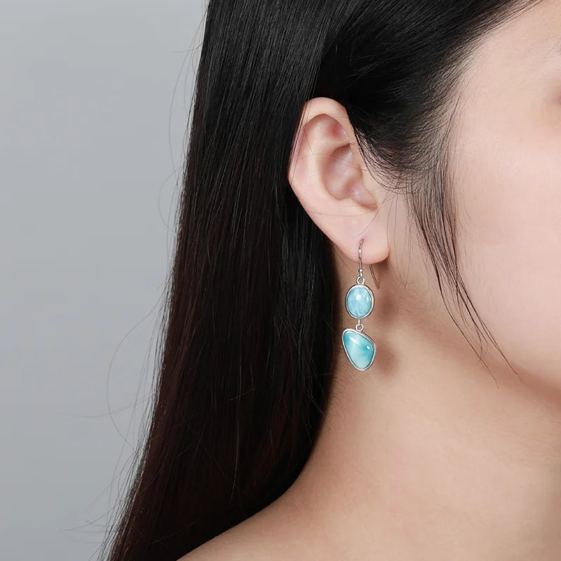 Natural Precious Larimar Earrings for Women 2021 New Simple Fashion Geometric Charm 925 Sterling Silver Jewelry Gift Classic