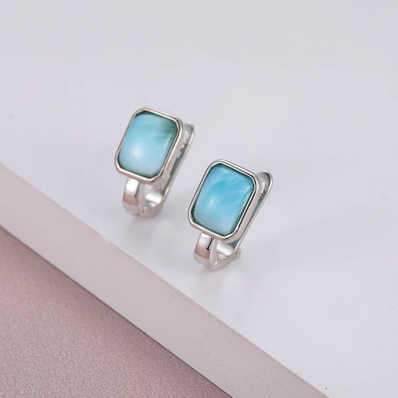 2021 Simple Square 925 Sterling Silver Earring Natural Precious Larimar Earrings for Women