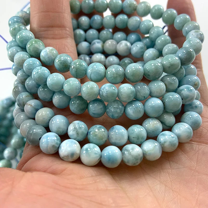 Natural Larimar Stone Beads Women Men Bracelet Round Blue