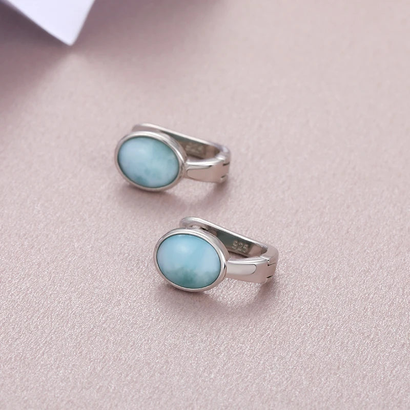 Geometric Oval 925 Sterling Silver Natural Precious Larimar Earrings for Women