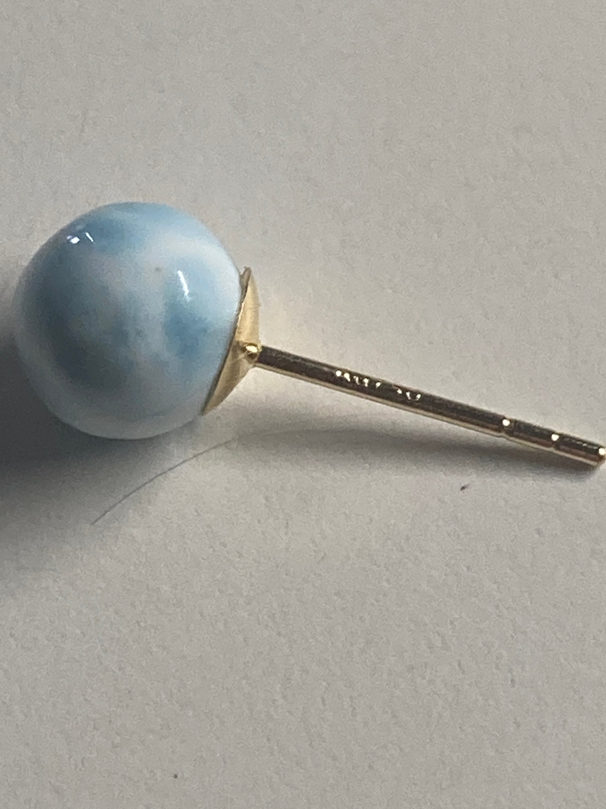 Larimar 6mm round ball earring set in real 18kt. gold post with backs