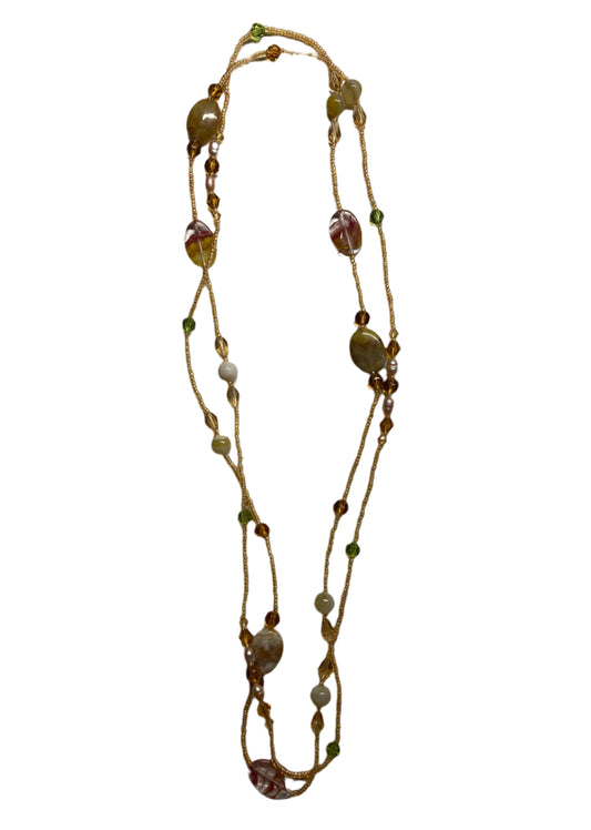 XL-2412GOLDEN-01 FRESHWATER PEARL WITH GEMSTONES AND CRYSTAL BEAD NECKLACE