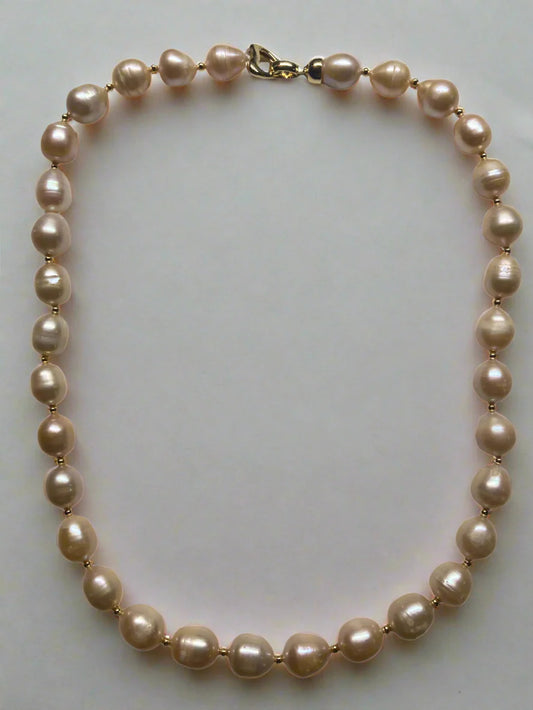 XL-2412PINK-04 LARGE BAROQUE PINK FRESHWATER PEARL NECKLACE WITH GOLD HEART CLASP